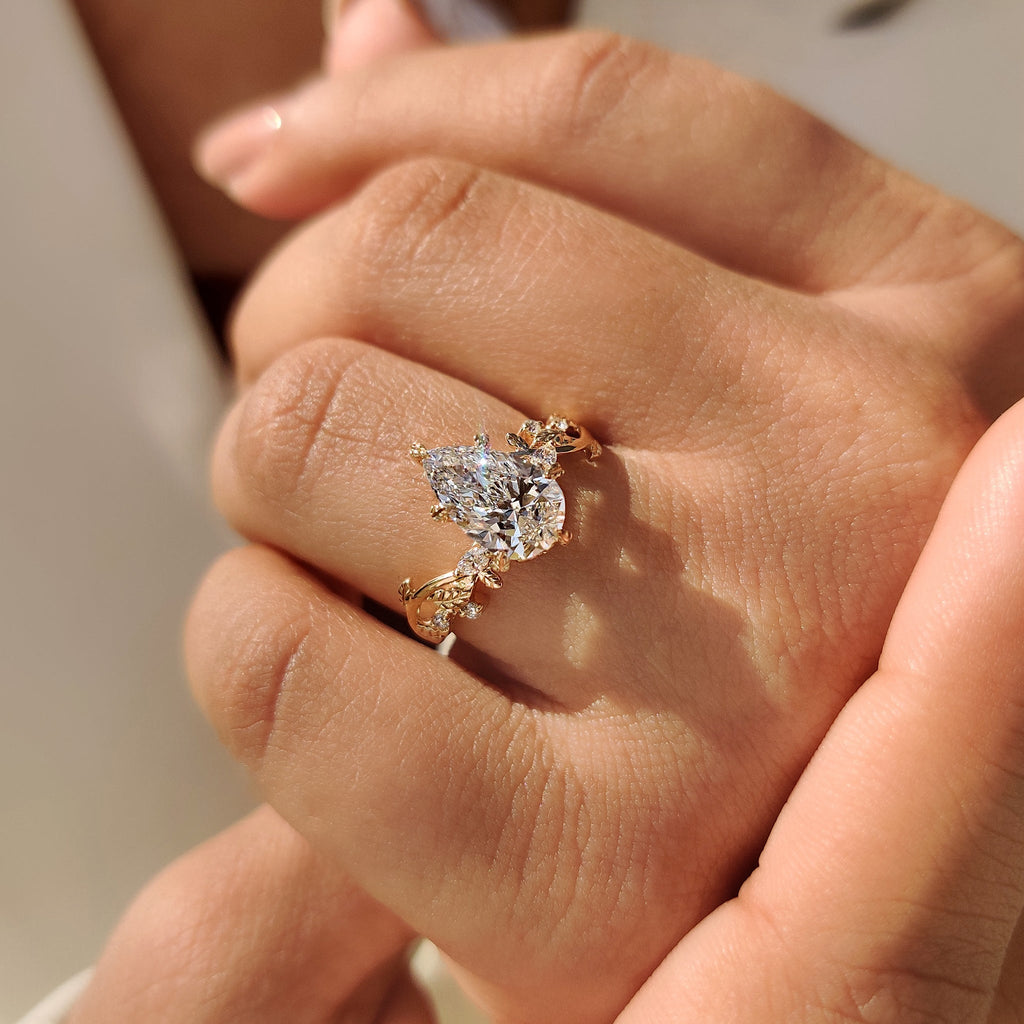 Pear Diamond Nature Inspired Engagement Ring in Filigree style