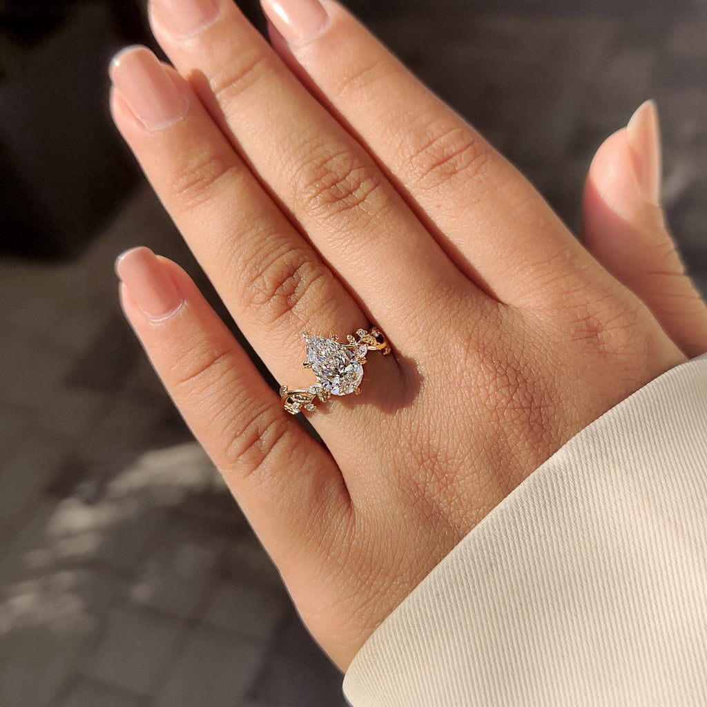 Pear Diamond Nature Inspired Engagement Ring in Filigree style