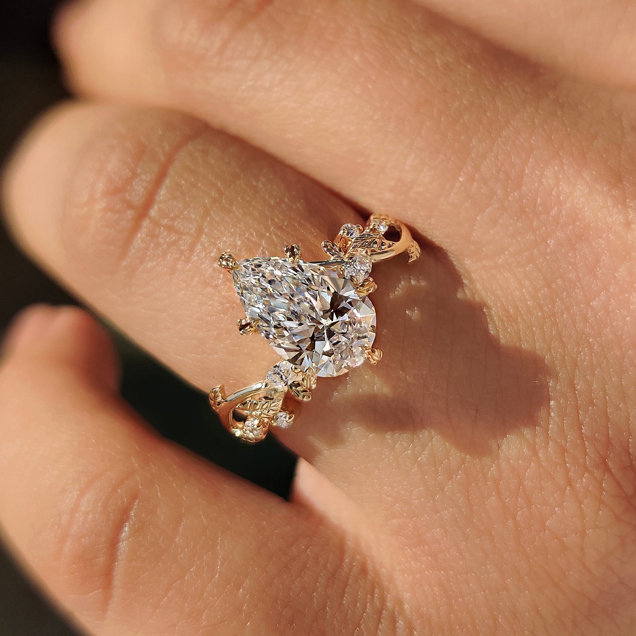 Pear Diamond Nature Inspired Engagement Ring in Filigree style