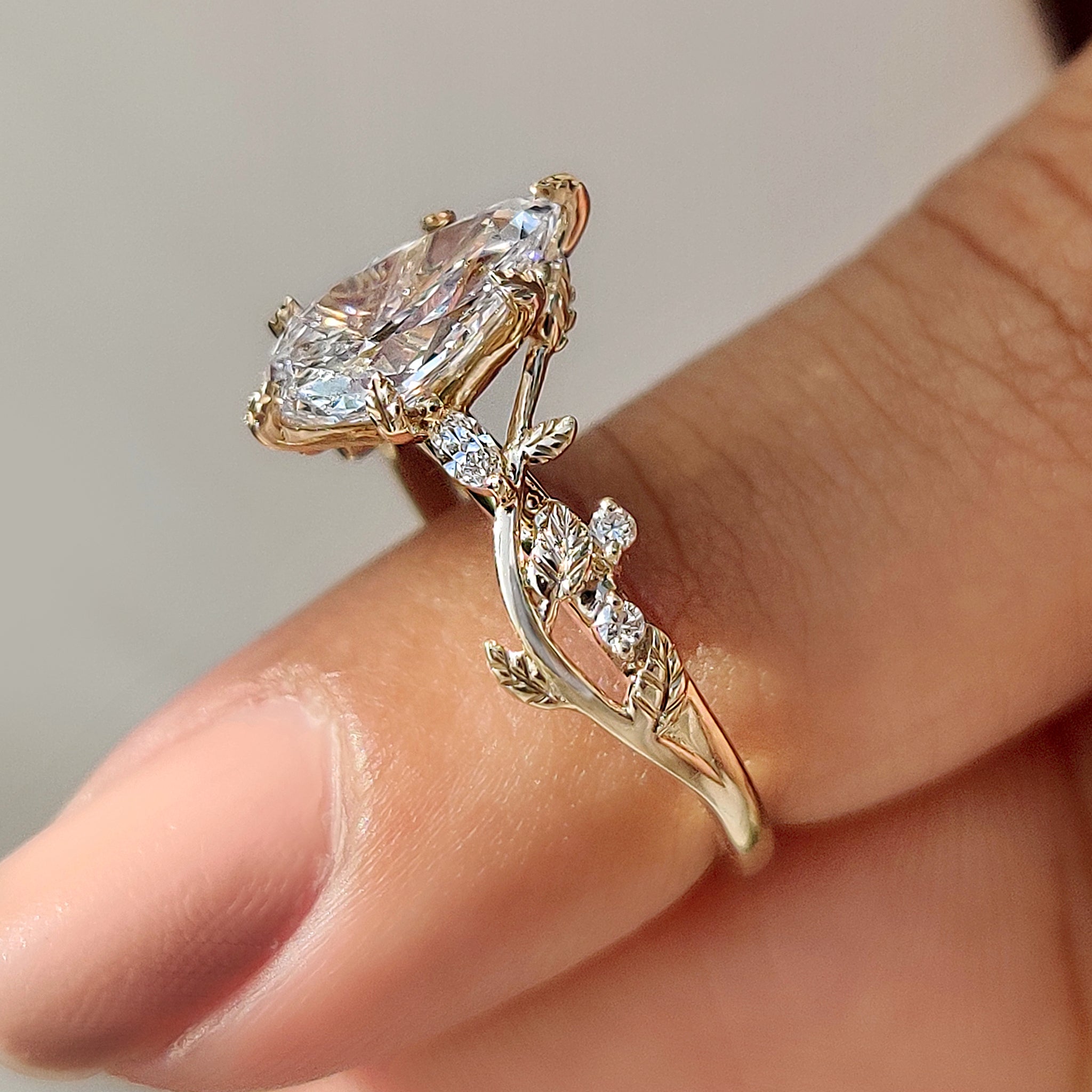 Pear Diamond Nature Inspired Engagement Ring in Filigree style
