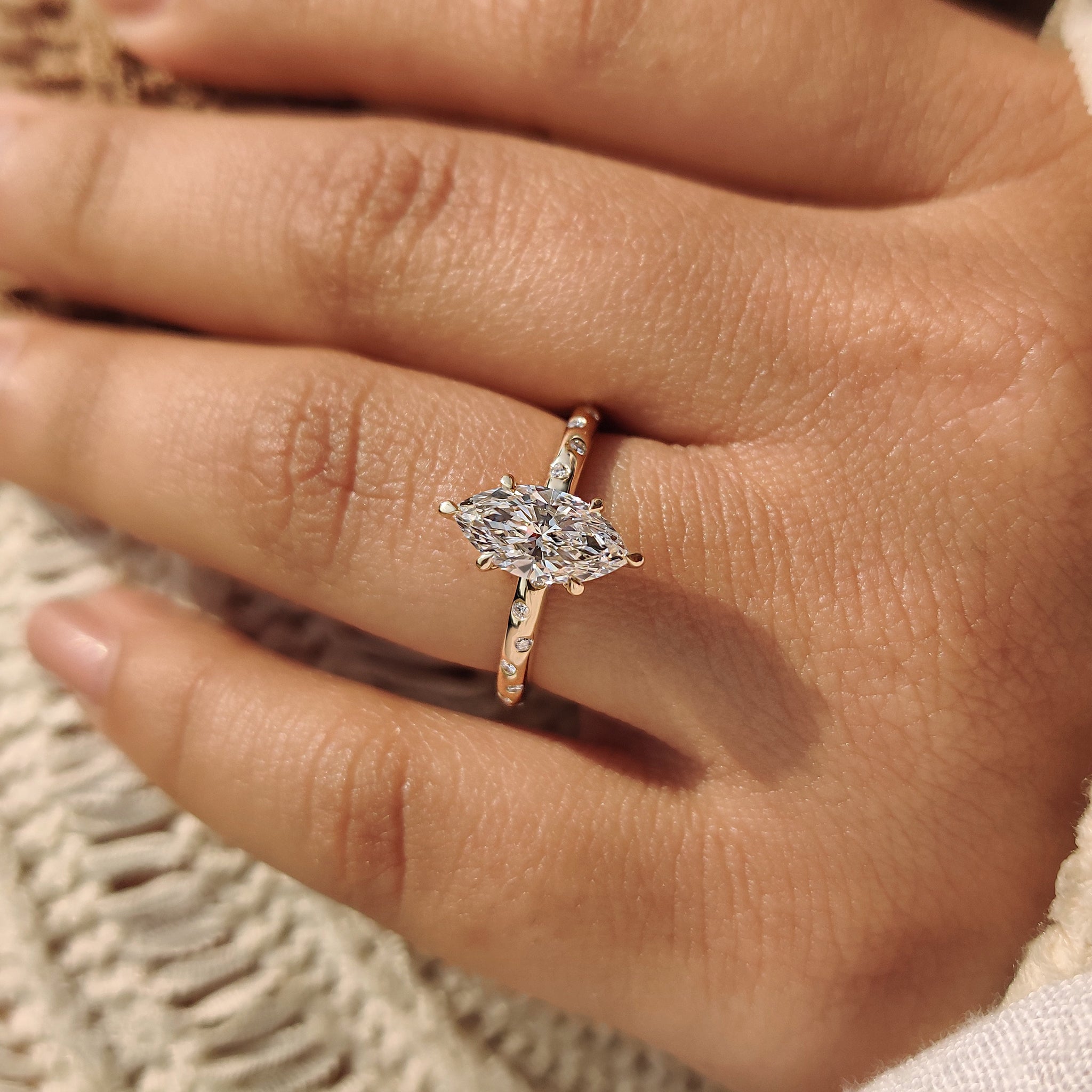 Flush Pave Set Marquise Diamond Ring in 6 Claw Prong Setting
