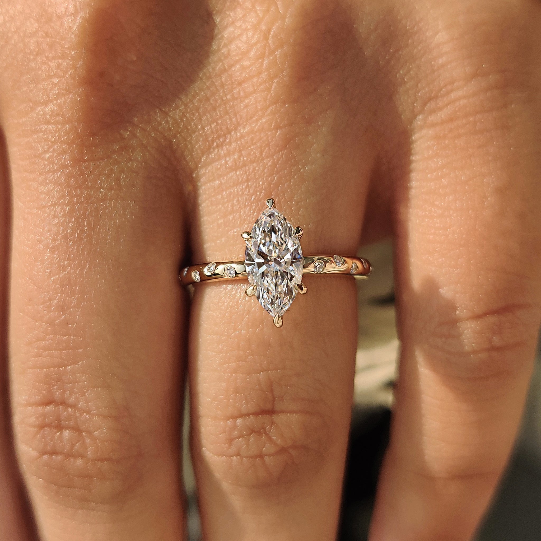Flush Pave Set Marquise Diamond Ring in 6 Claw Prong Setting
