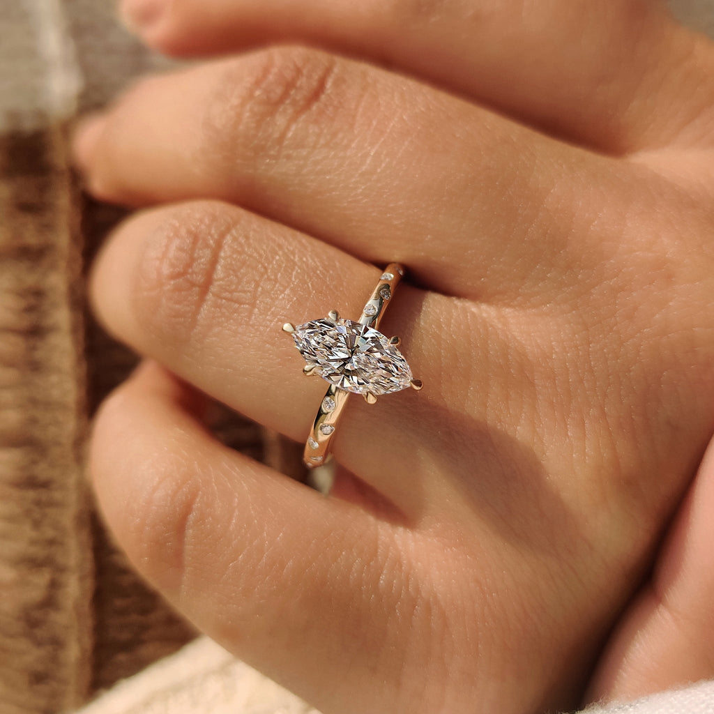 Flush Pave Set Marquise Diamond Ring in 6 Claw Prong Setting