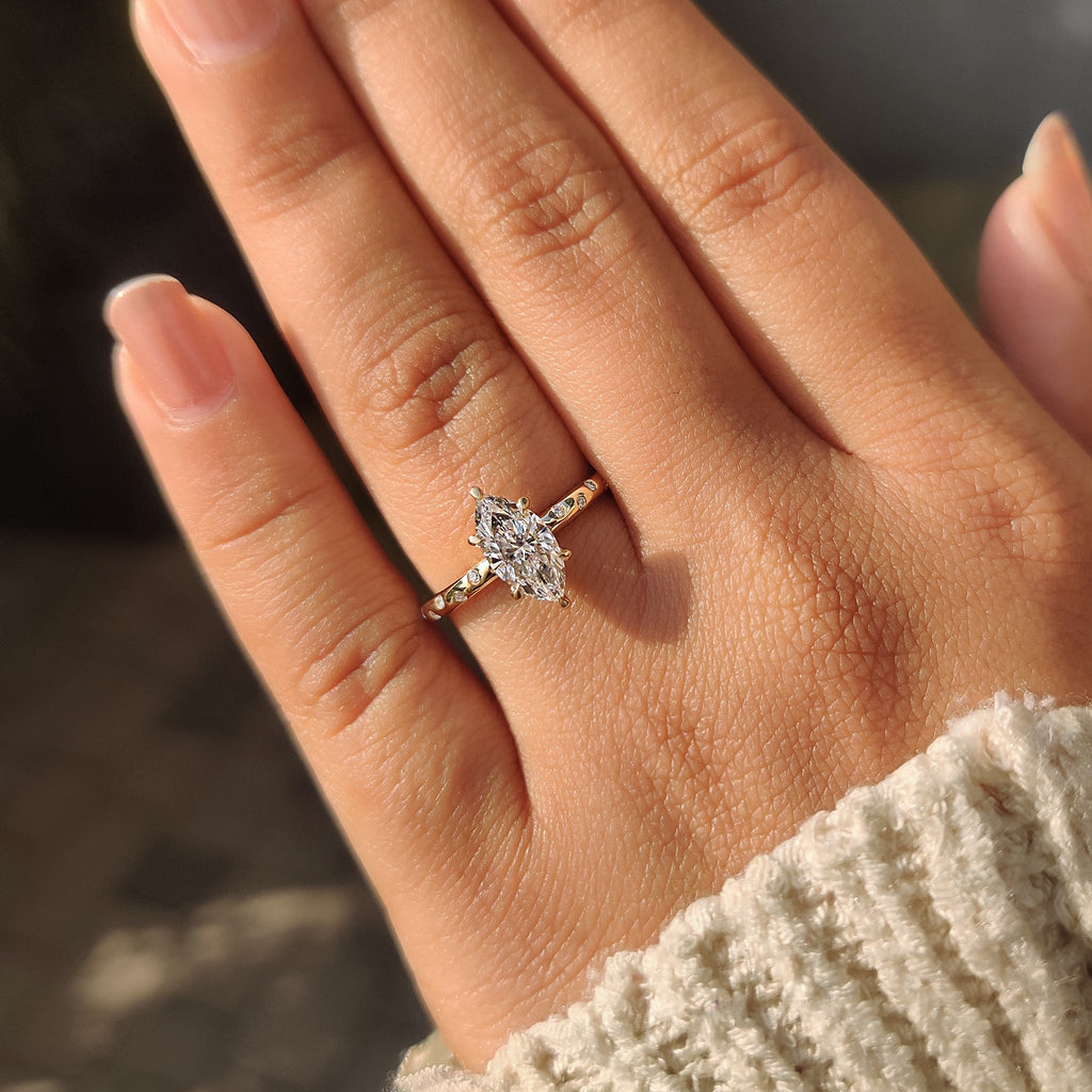 Flush Pave Set Marquise Diamond Ring in 6 Claw Prong Setting