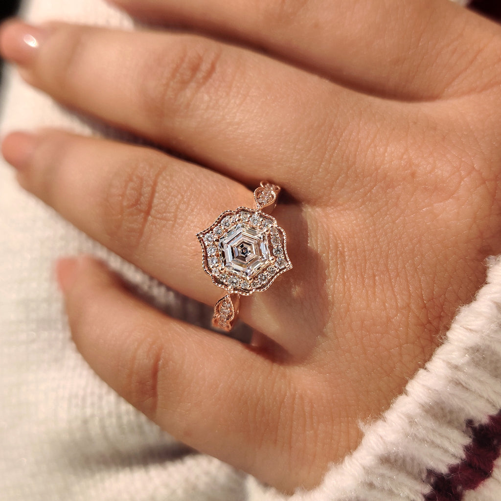 Hexagon Diamond Ring in Vintage Style