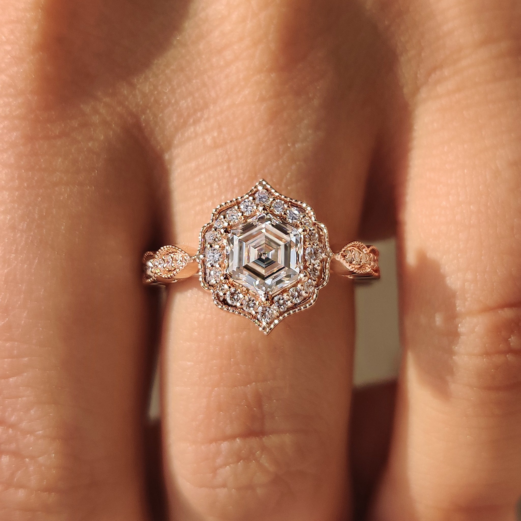 Hexagon Diamond Ring in Vintage Style