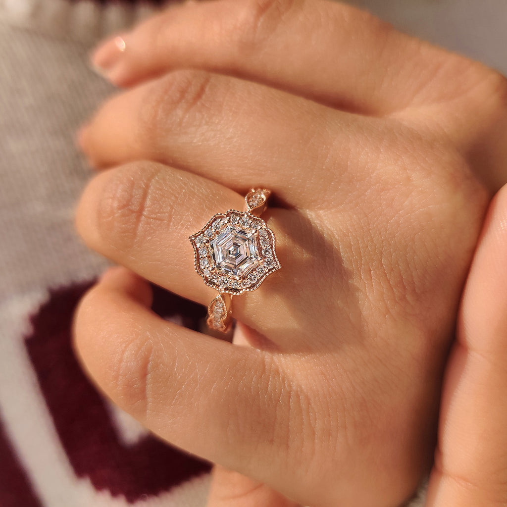 Hexagon Diamond Ring in Vintage Style