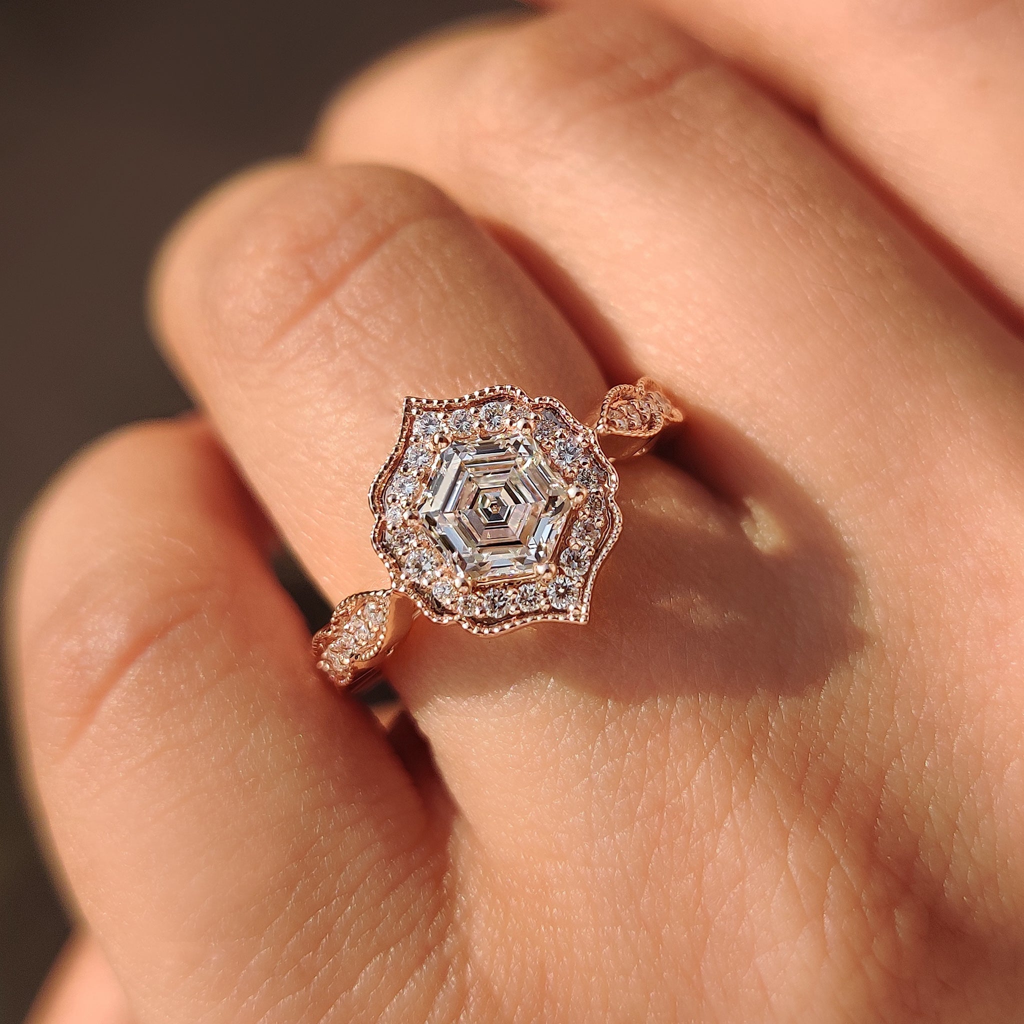 Hexagon Diamond Ring in Vintage Style