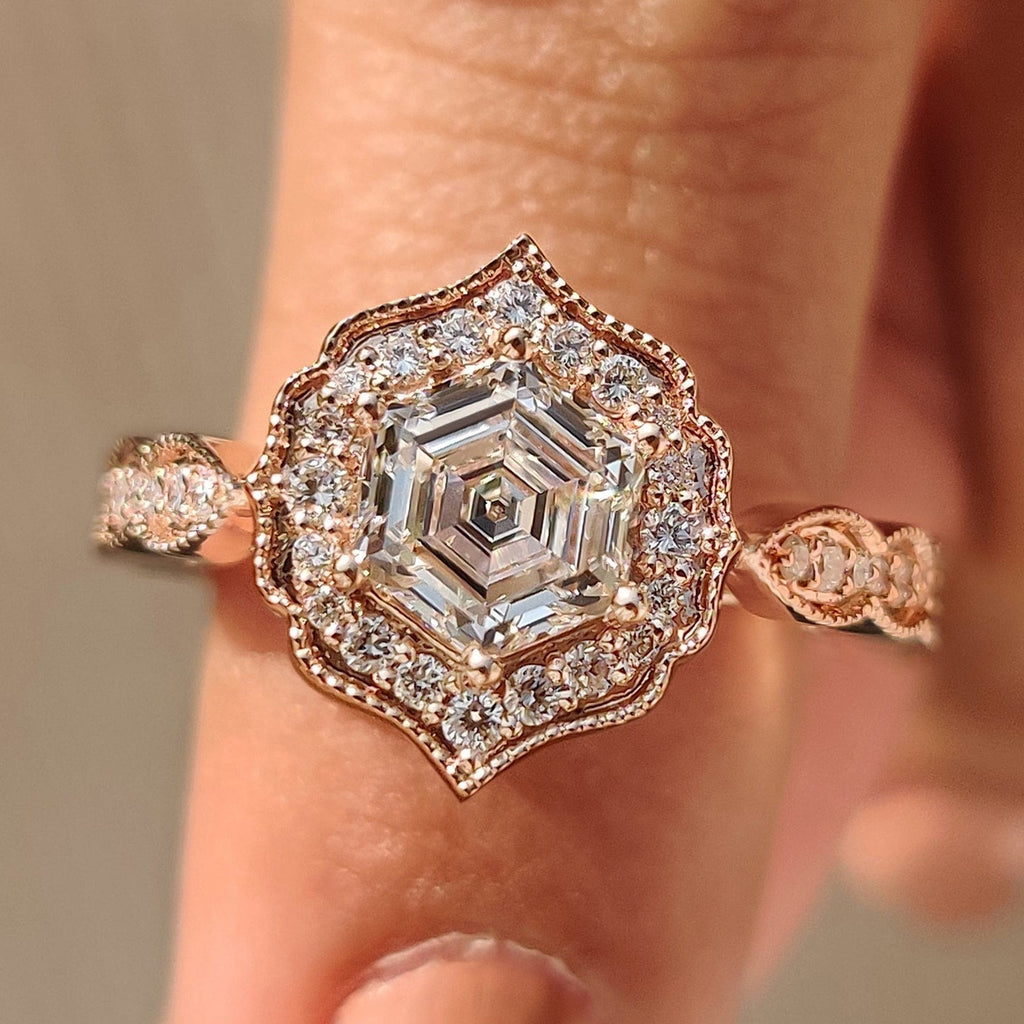 Hexagon Diamond Ring in Vintage Style