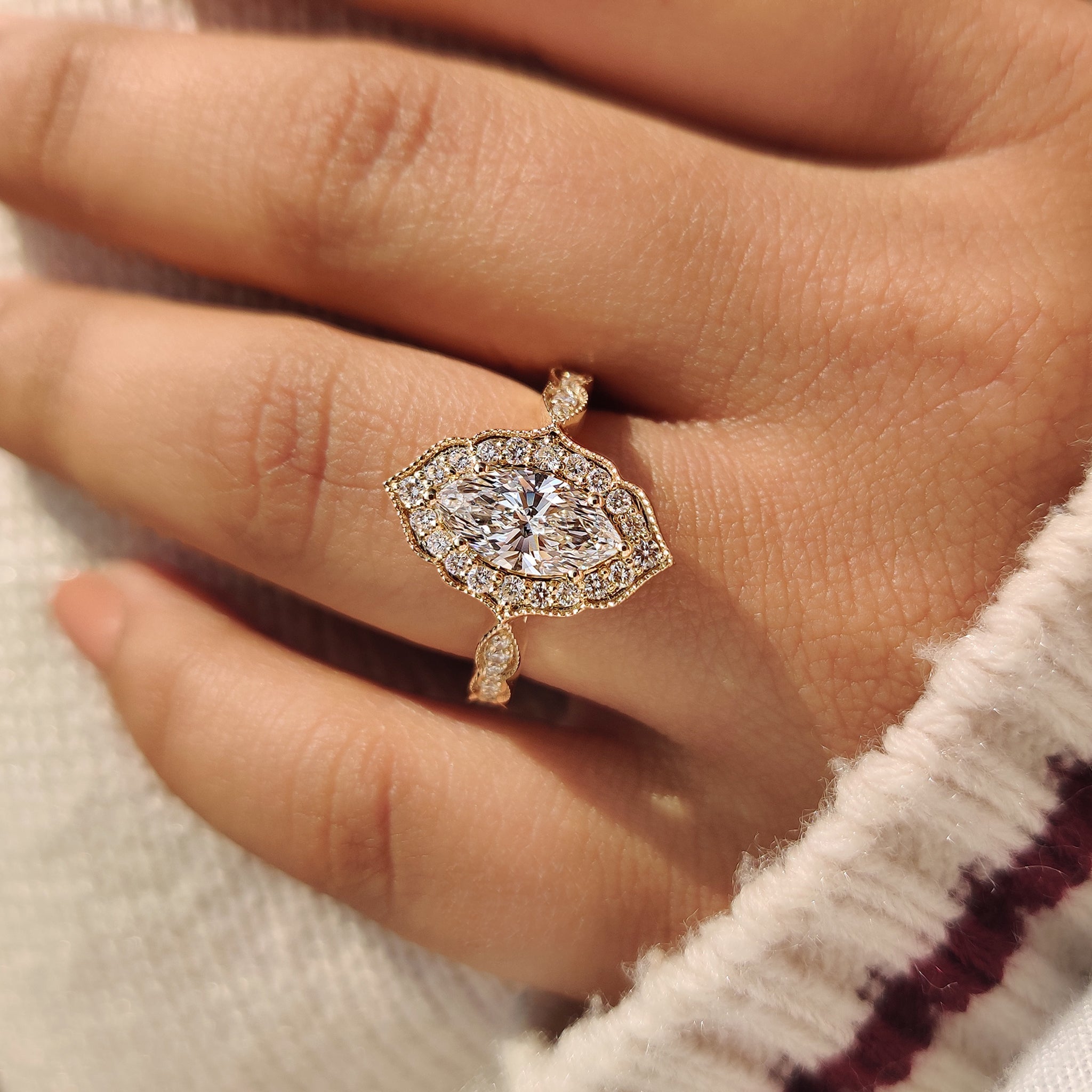 Marquise Cut Diamond Ring in Milgrain Setting