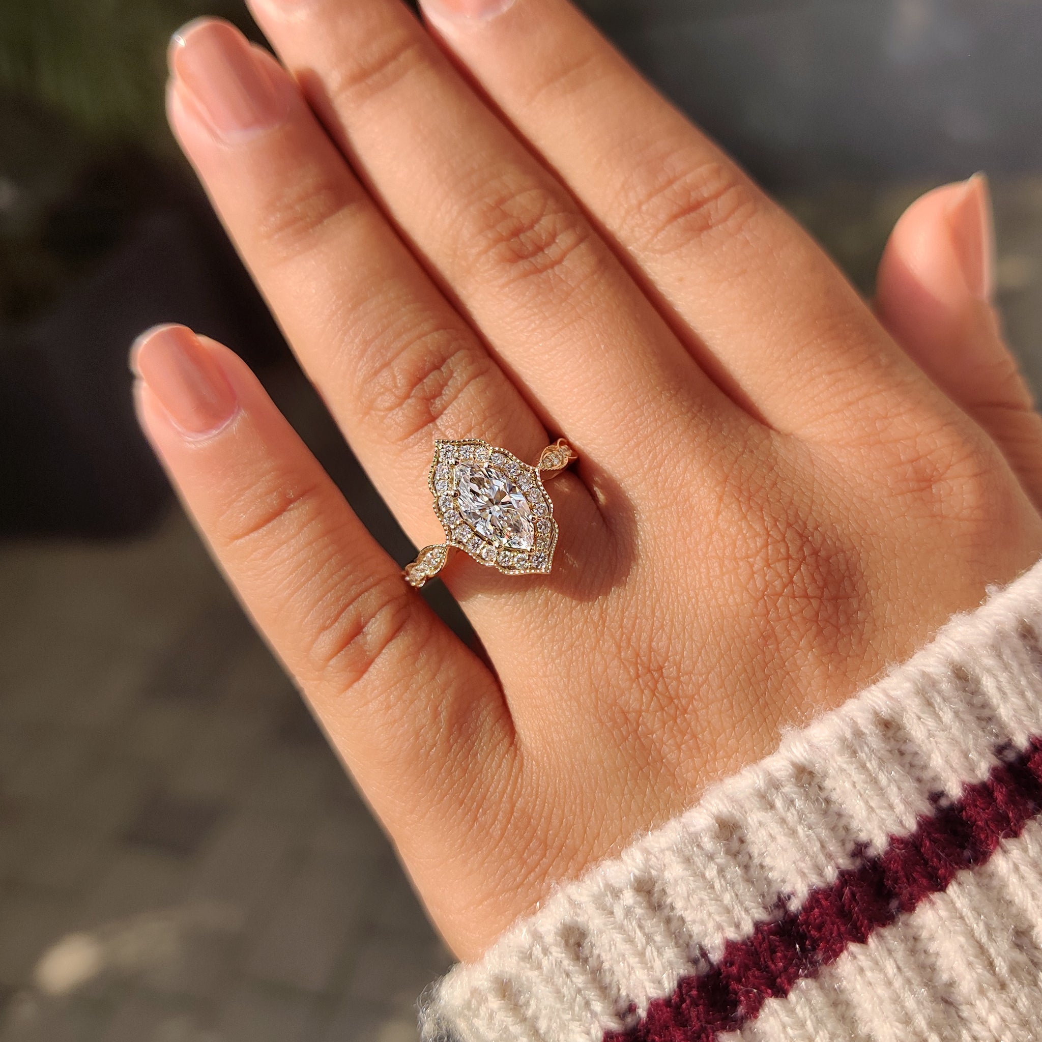 Marquise Cut Diamond Ring in Milgrain Setting