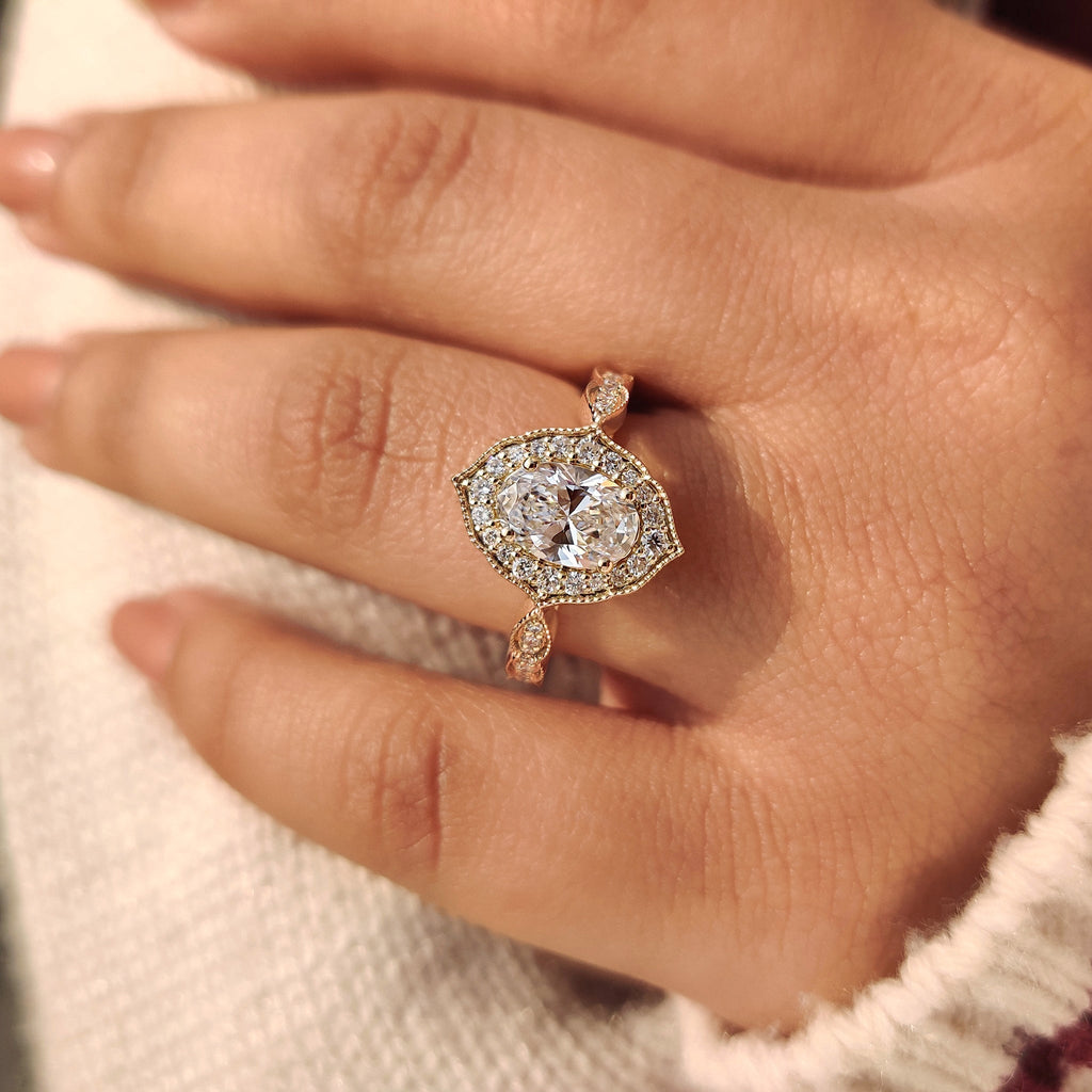 Vintage Oval Cut Diamond Ring in Milgrain Setting