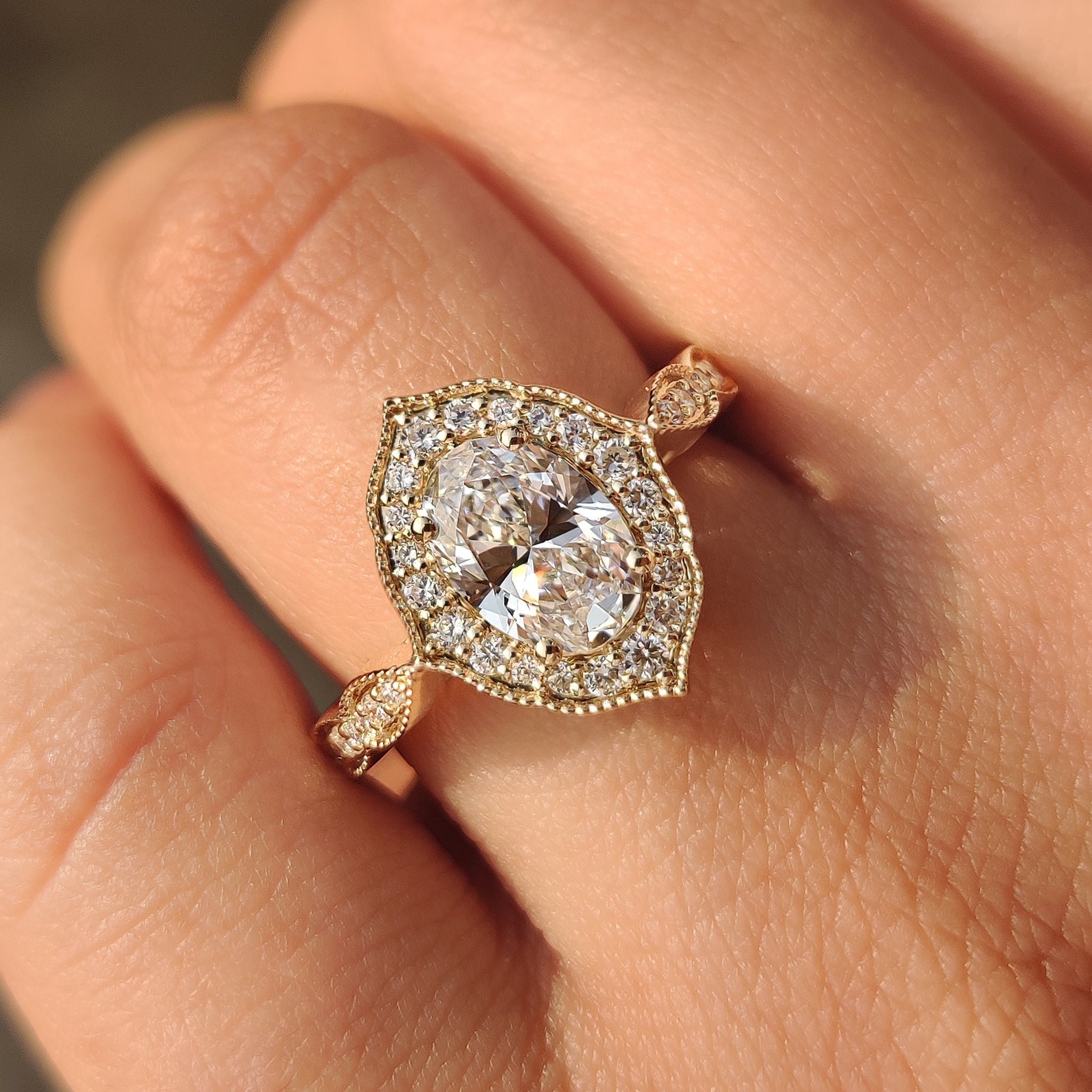Vintage Oval Cut Diamond Ring in Milgrain Setting