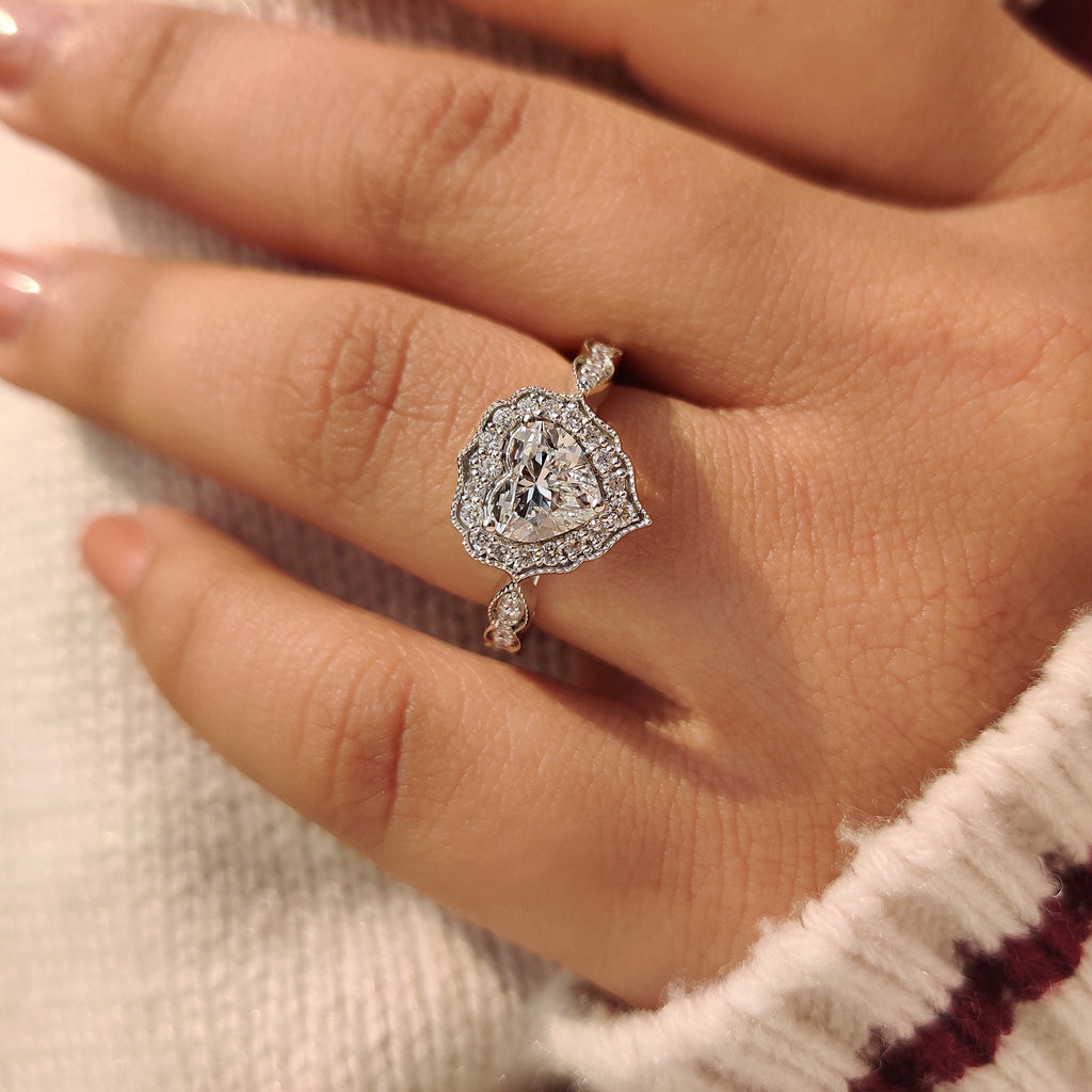 Heart Cut Diamond Ring with Round Diamond Halo Style