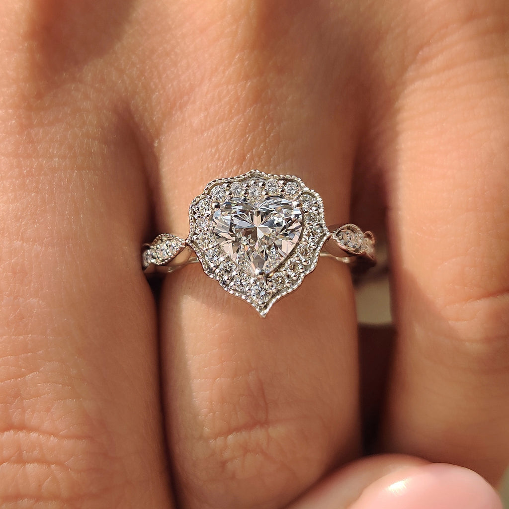 Heart Cut Diamond Ring with Round Diamond Halo Style