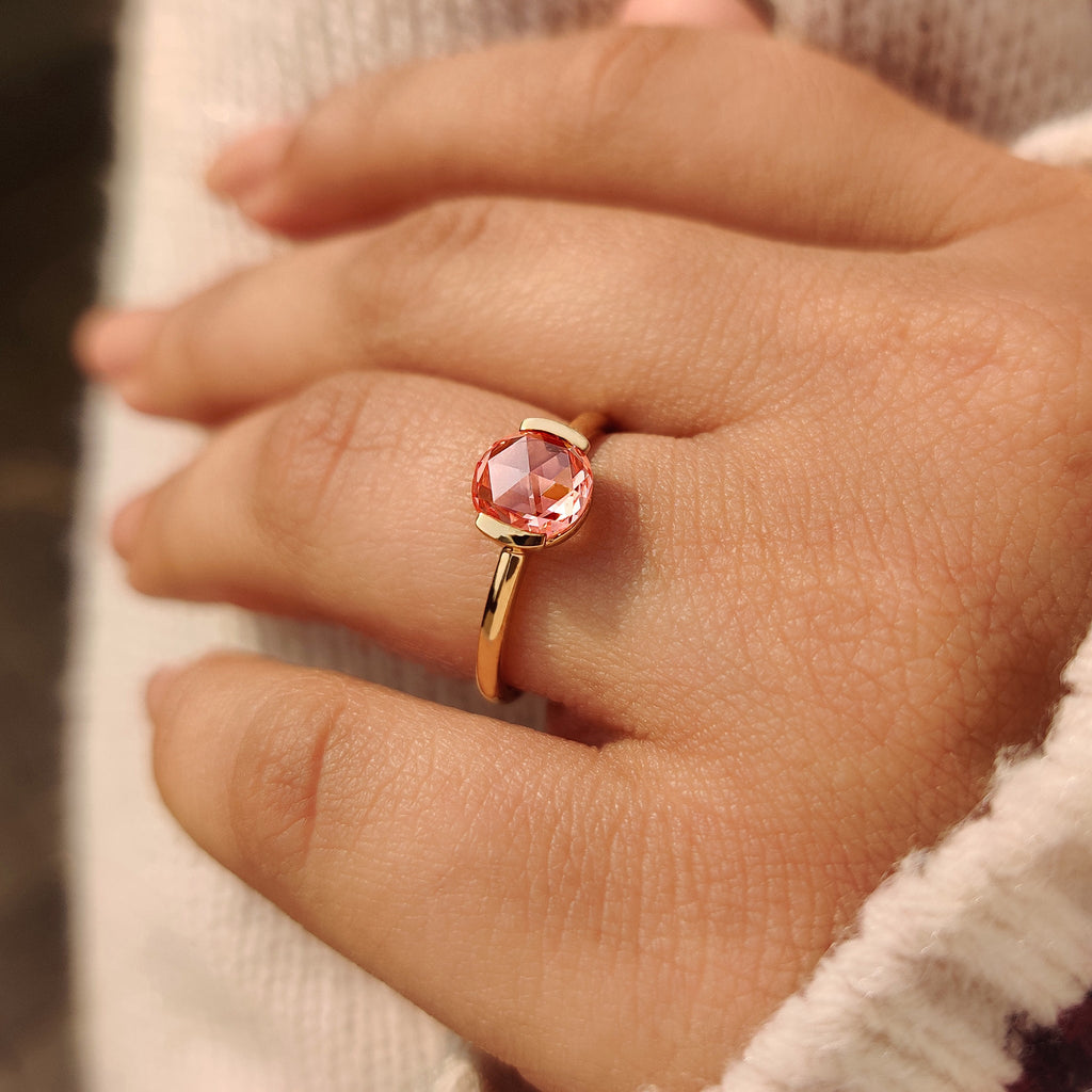 Pink Round Rose Cut Diamond Solitaire Engagement Ring
