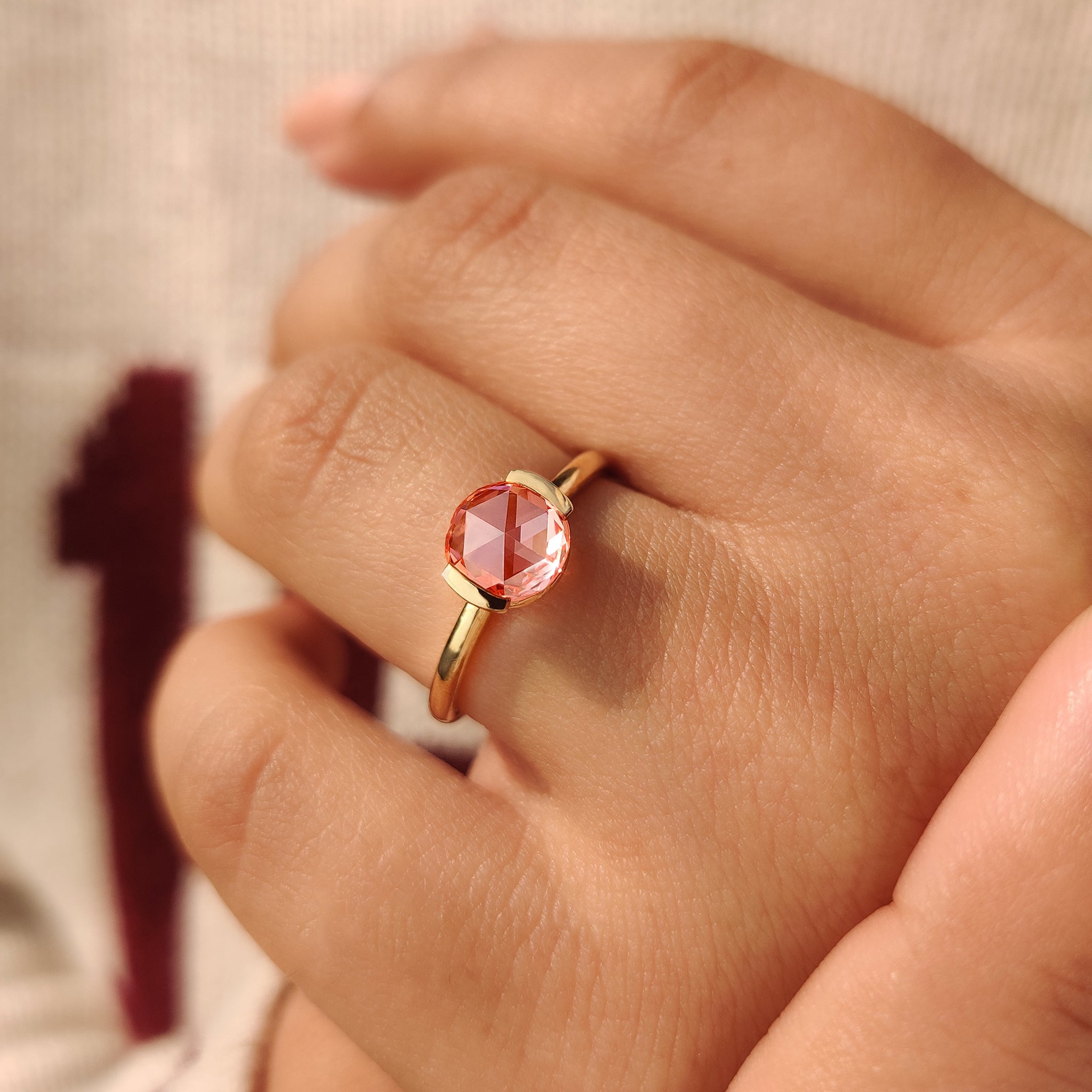 Pink Round Rose Cut Diamond Solitaire Engagement Ring
