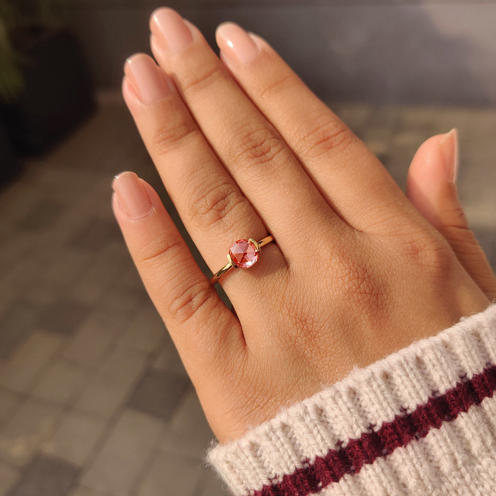 Pink Round Rose Cut Diamond Solitaire Engagement Ring