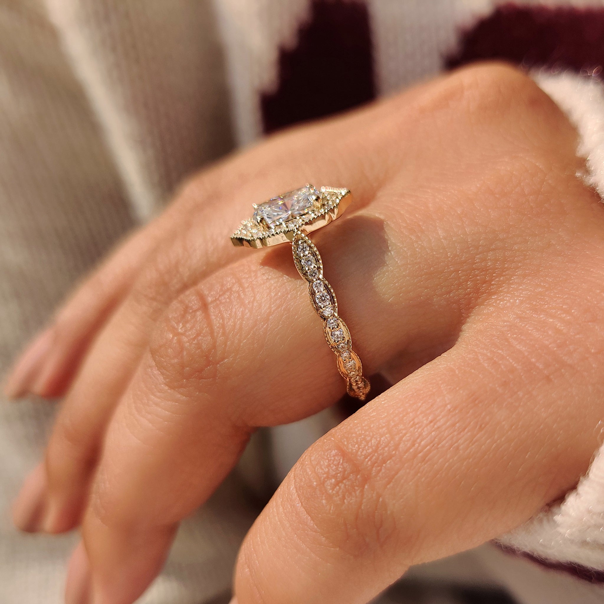 Elongated Cushion Cut Engagement Ring in Vintage Style