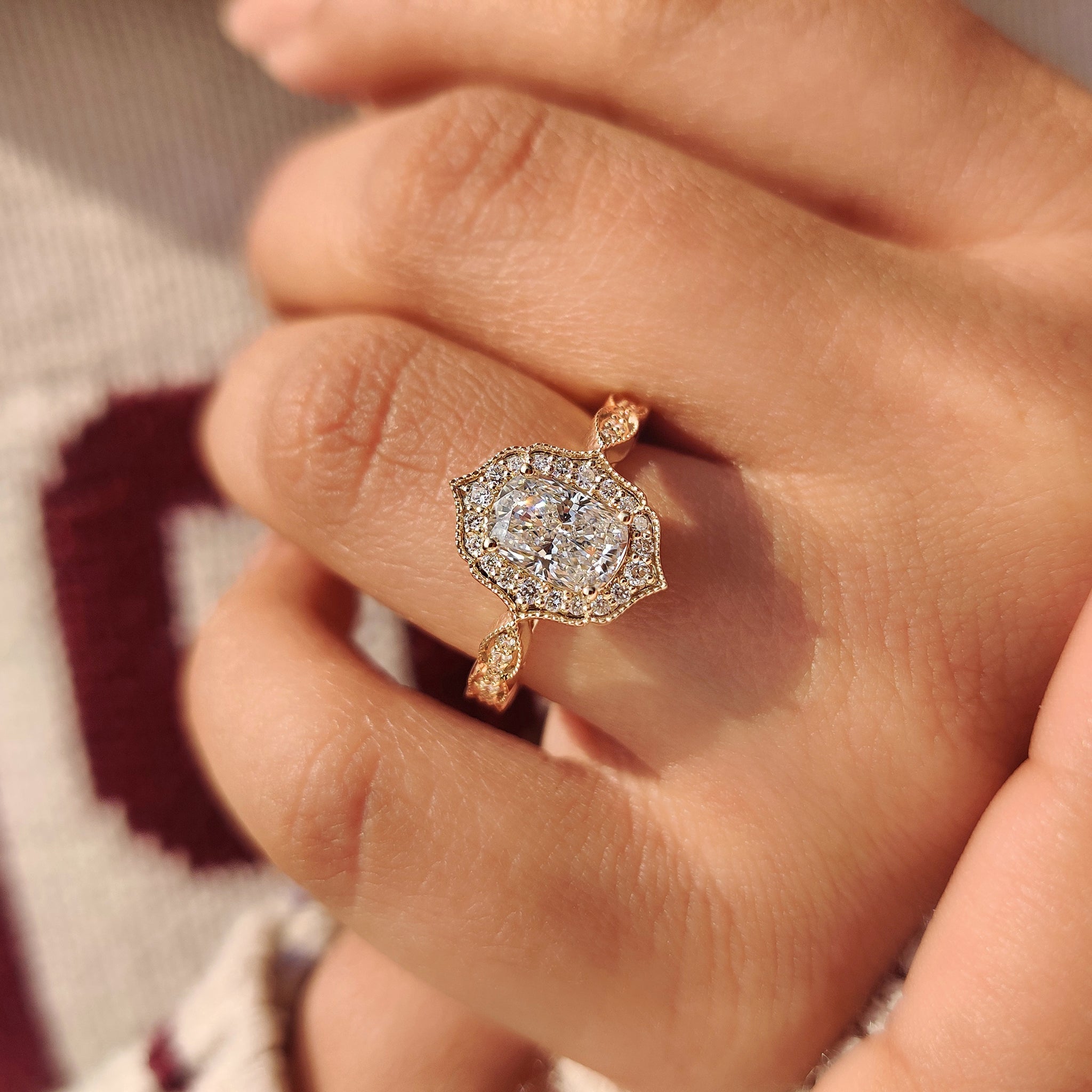 Elongated Cushion Cut Engagement Ring in Vintage Style