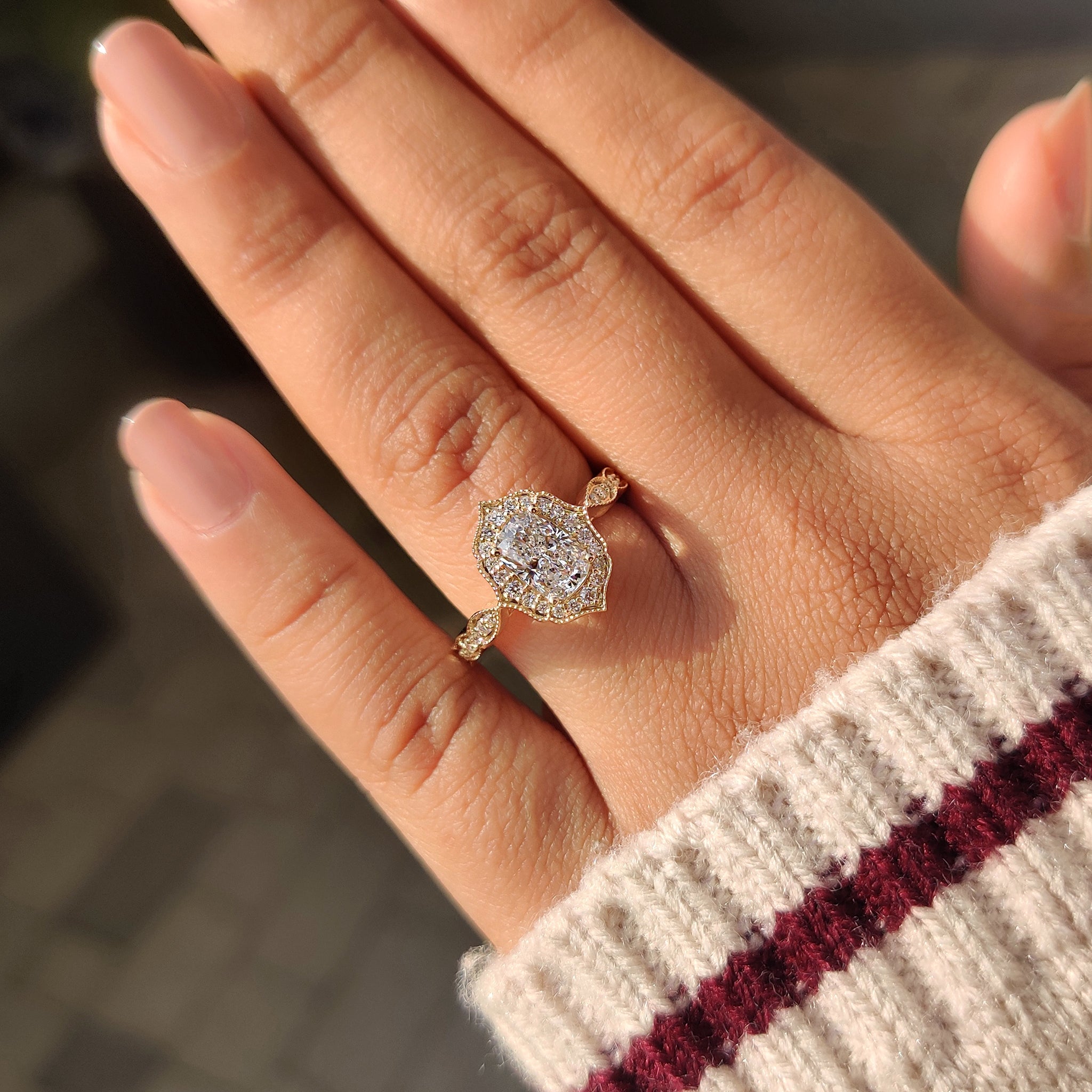Elongated Cushion Cut Engagement Ring in Vintage Style