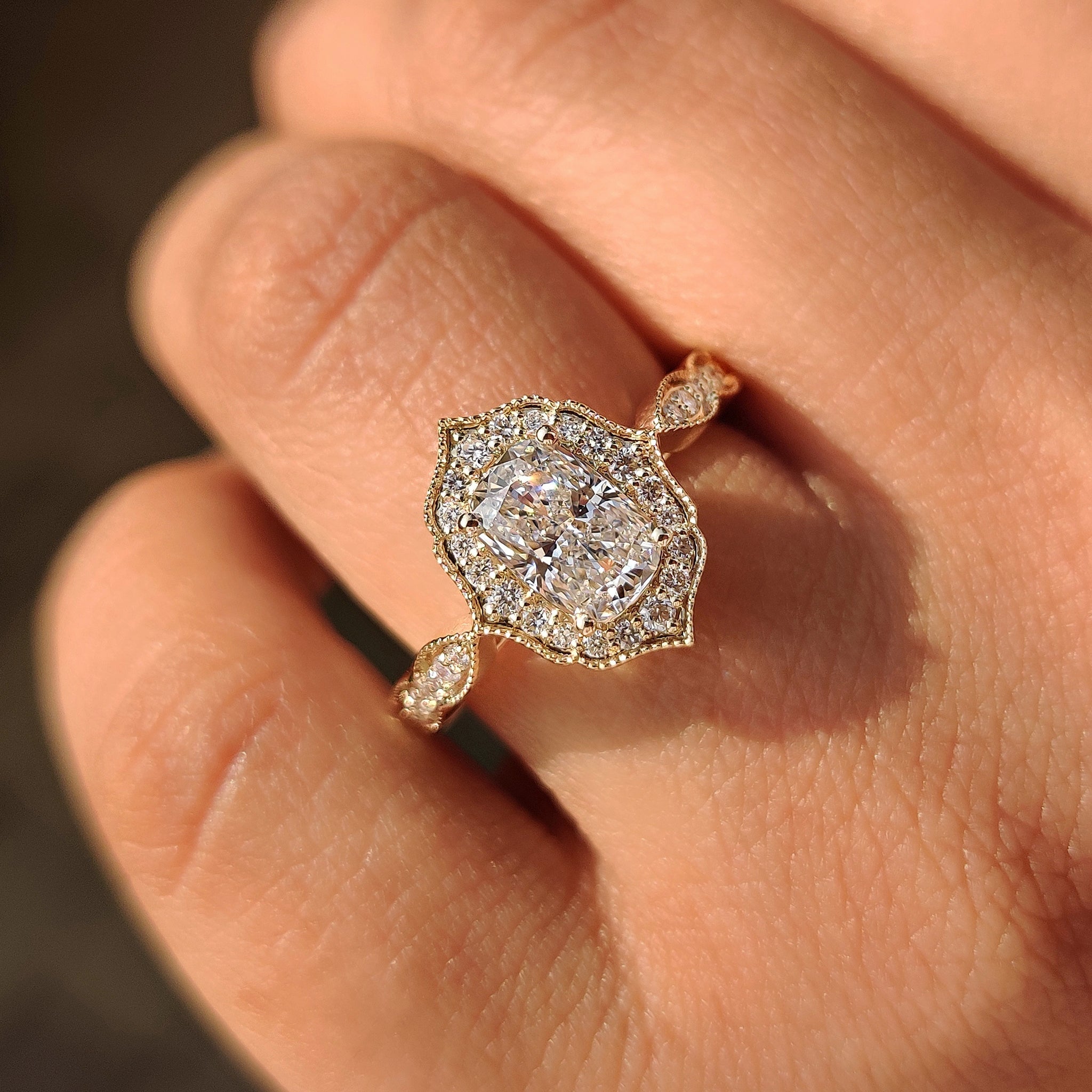 Elongated Cushion Cut Engagement Ring in Vintage Style