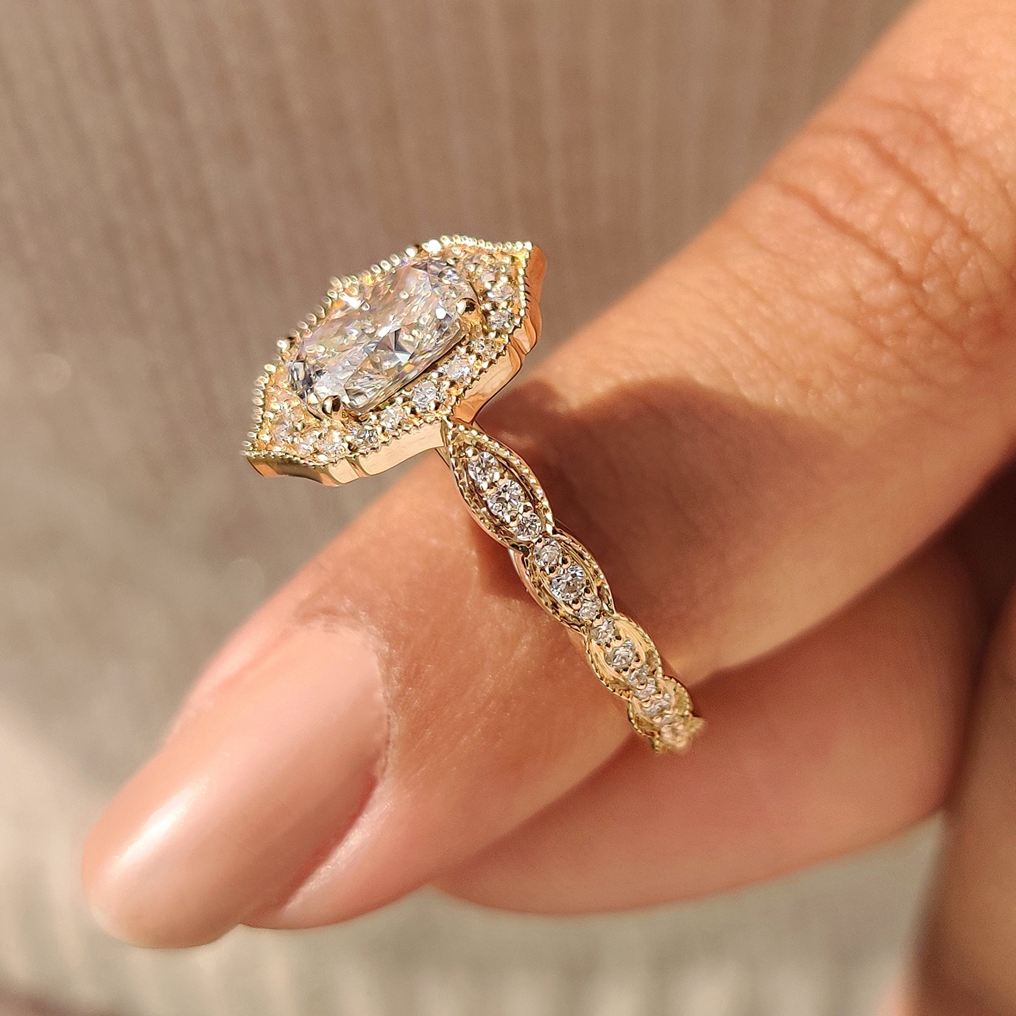 Elongated Cushion Cut Engagement Ring in Vintage Style