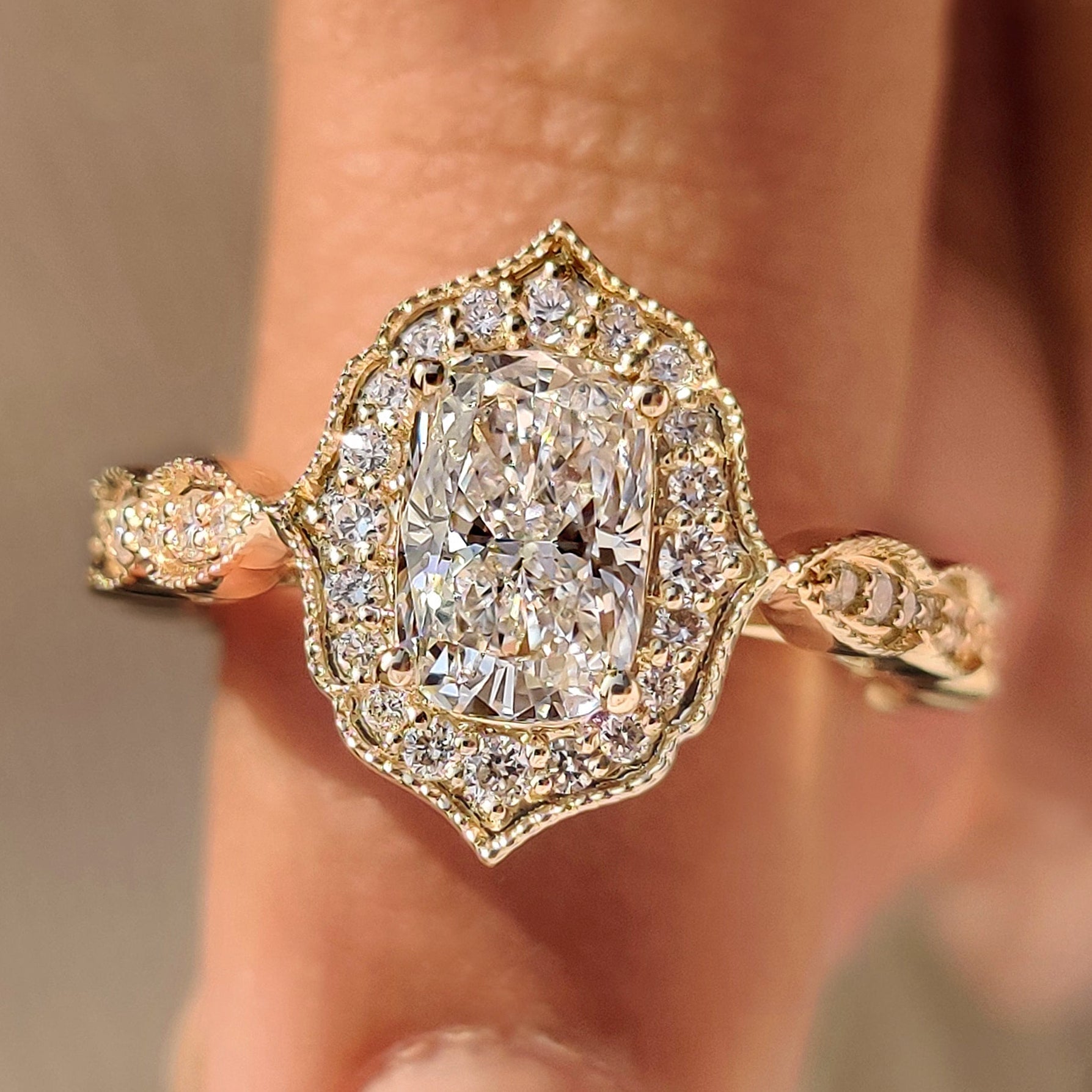 Elongated Cushion Cut Engagement Ring in Vintage Style