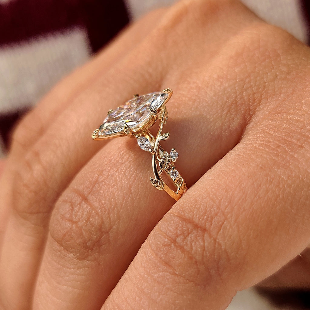 Nature Inspired Marquise Diamond Ring with Secure Leaf Style Prong