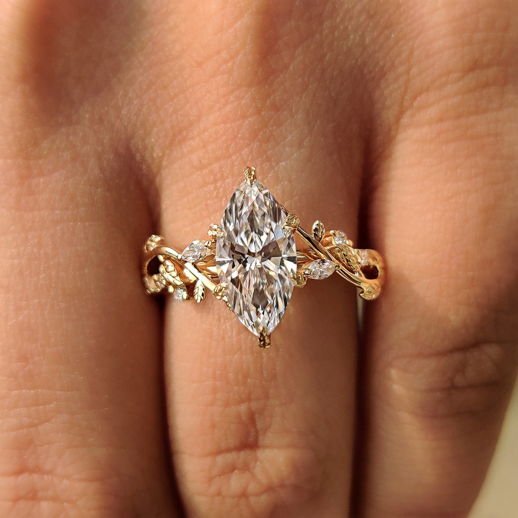Nature Inspired Marquise Diamond Ring with Secure Leaf Style Prong