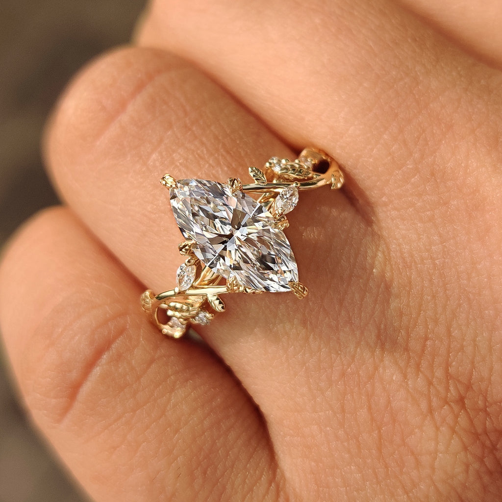 Nature Inspired Marquise Diamond Ring with Secure Leaf Style Prong