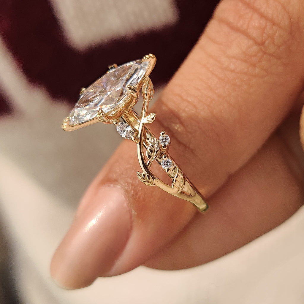 Nature Inspired Marquise Diamond Ring with Secure Leaf Style Prong