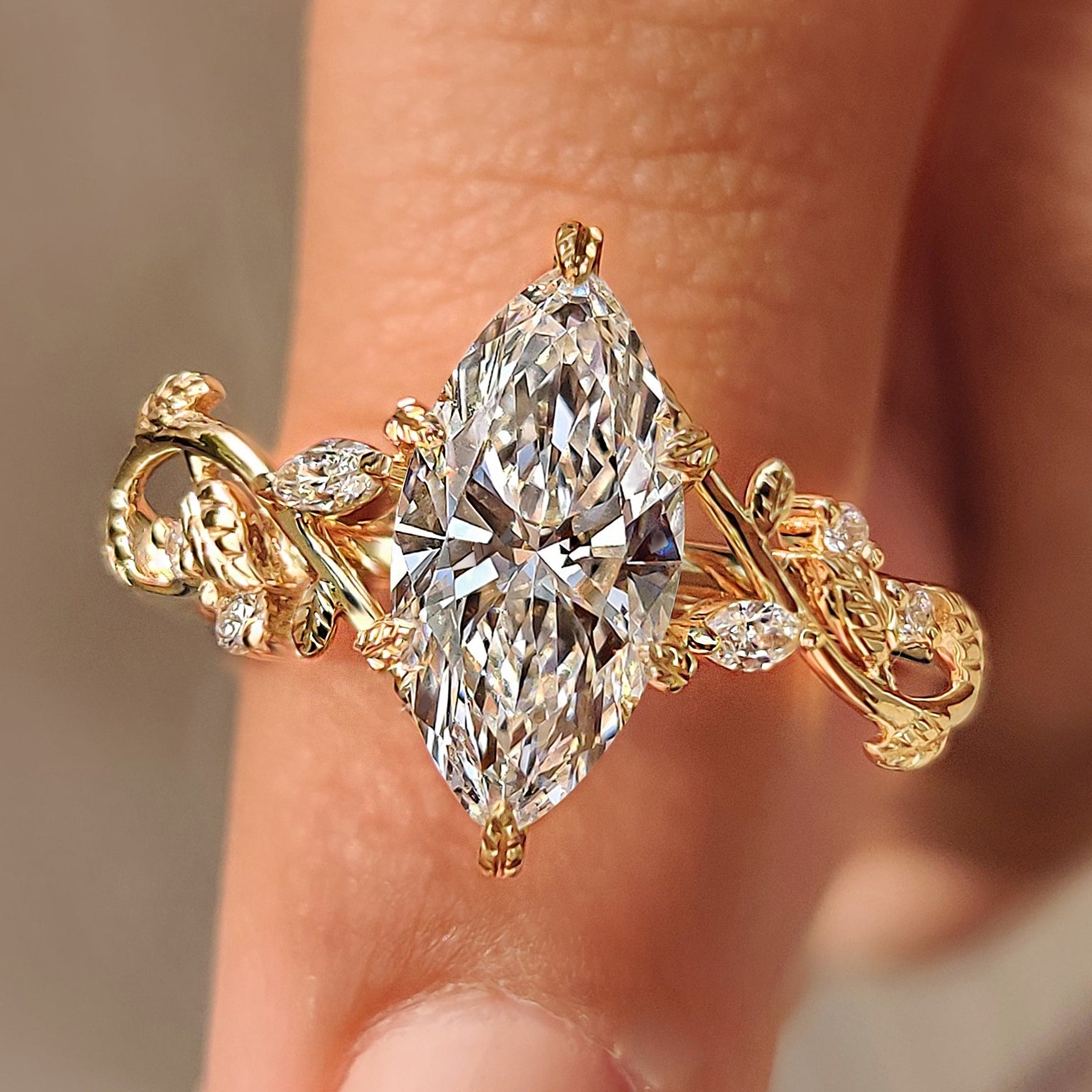 Nature Inspired Marquise Diamond Ring with Secure Leaf Style Prong Main image