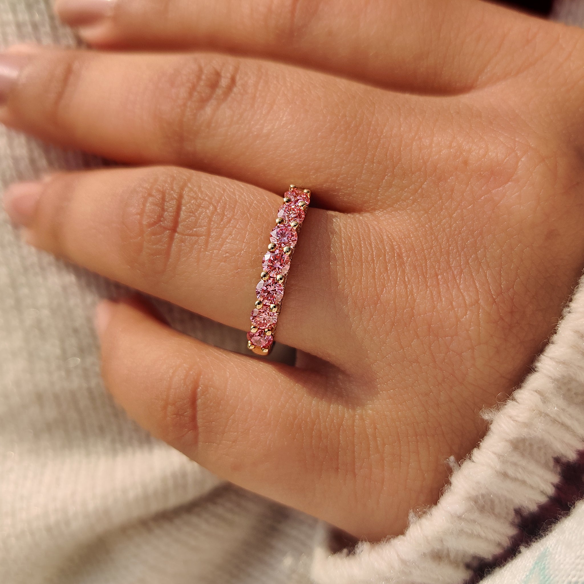 Pink Round Diamond Wedding Band in Half Eternity Style