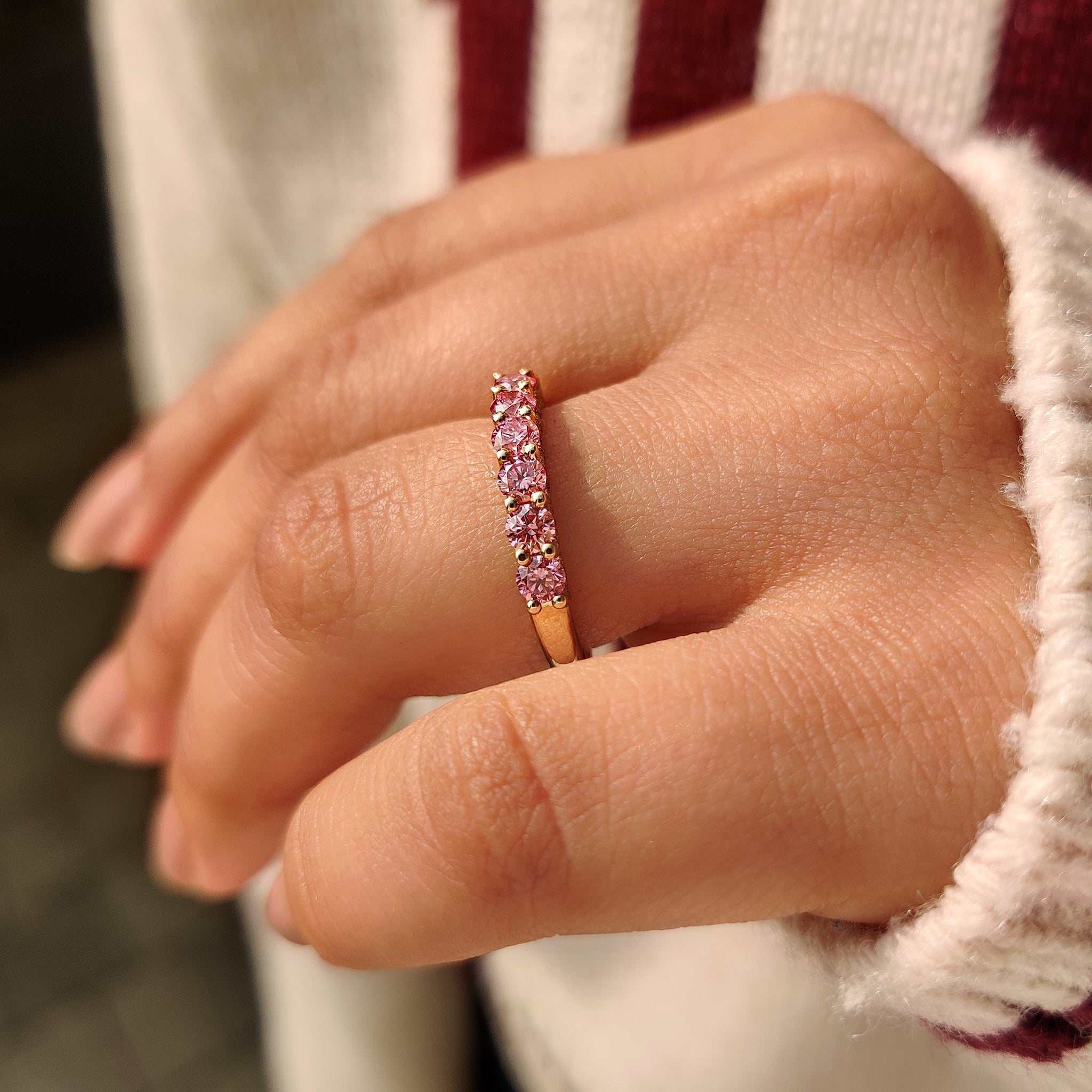 Pink Round Diamond Wedding Band in Half Eternity Style