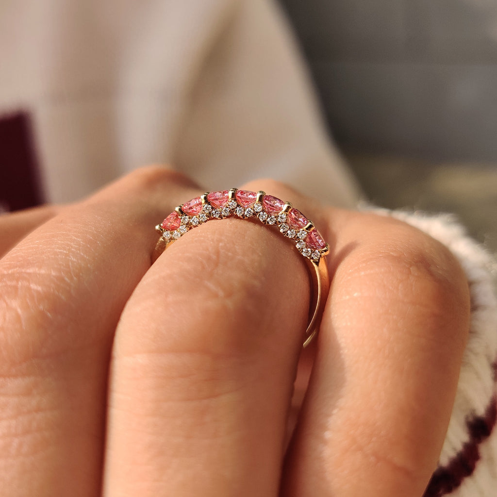 Pink Round Diamond Wedding Band in Half Eternity Style