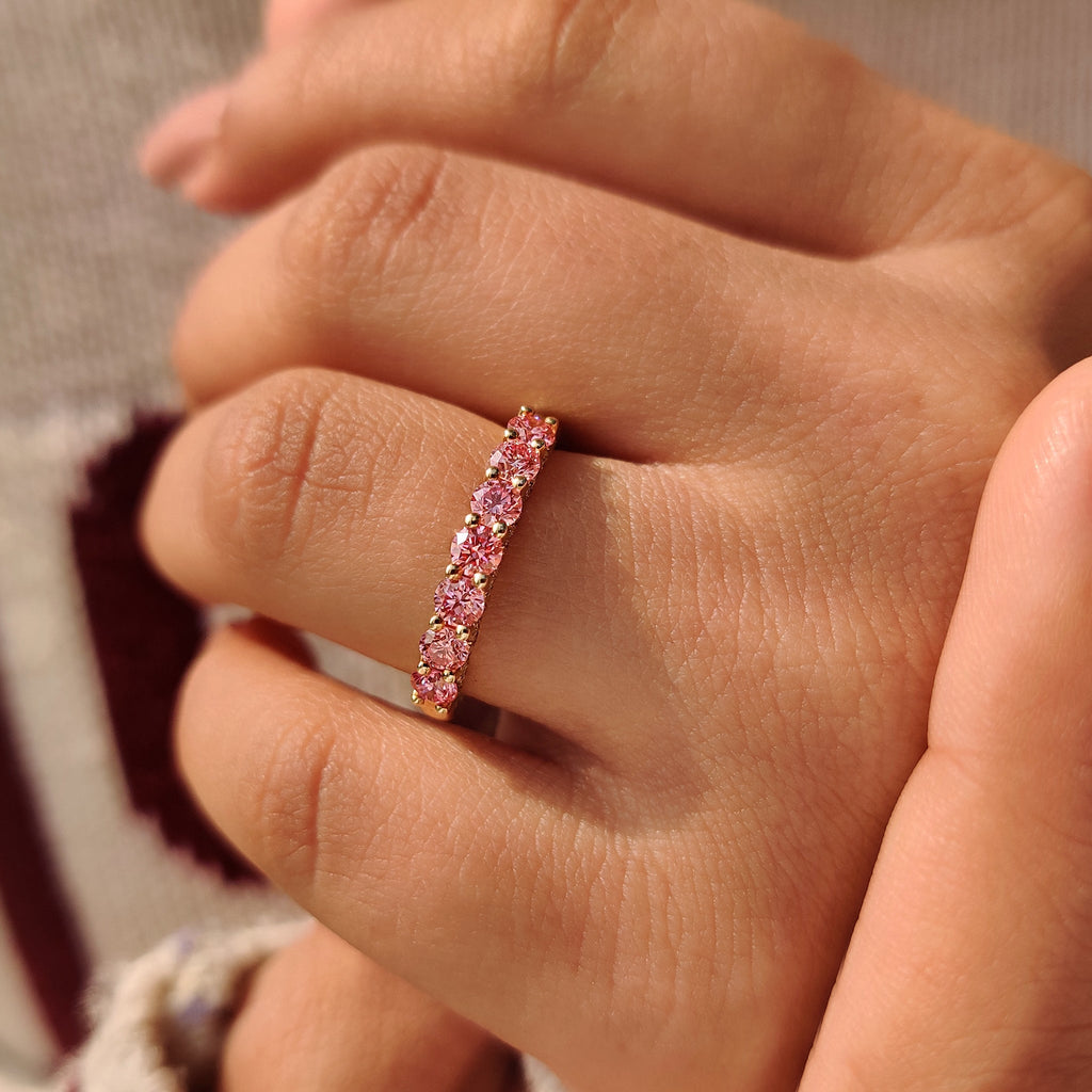 Pink Round Diamond Wedding Band in Half Eternity Style