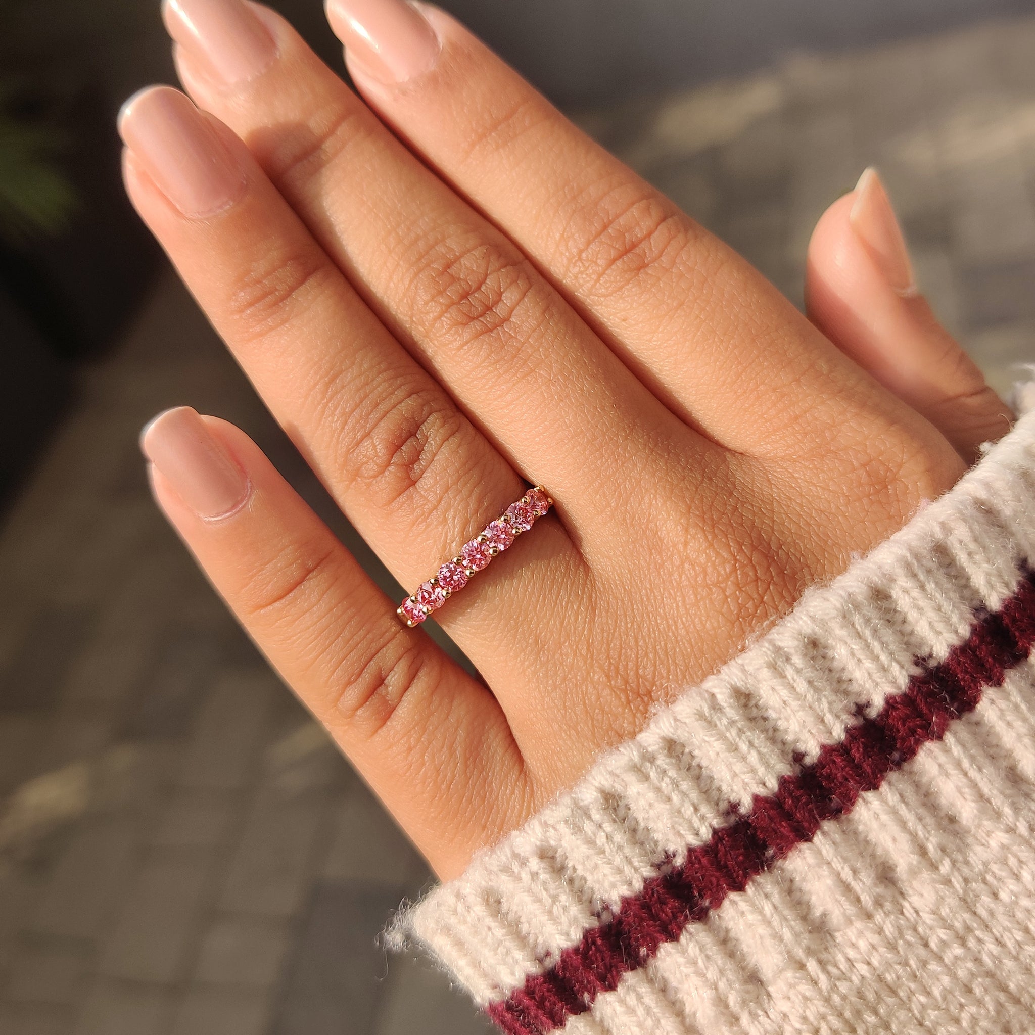 Pink Round Diamond Wedding Band in Half Eternity Style