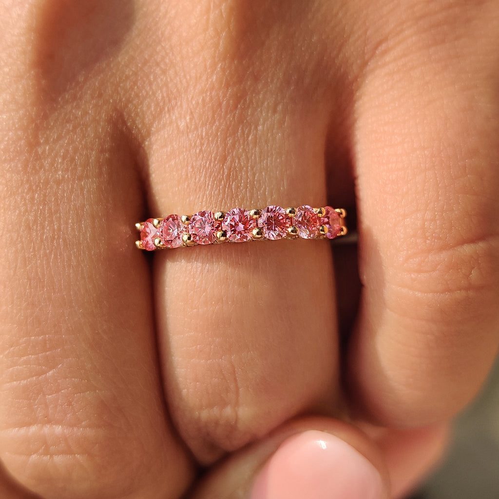 Pink Round Diamond Wedding Band in Half Eternity Style