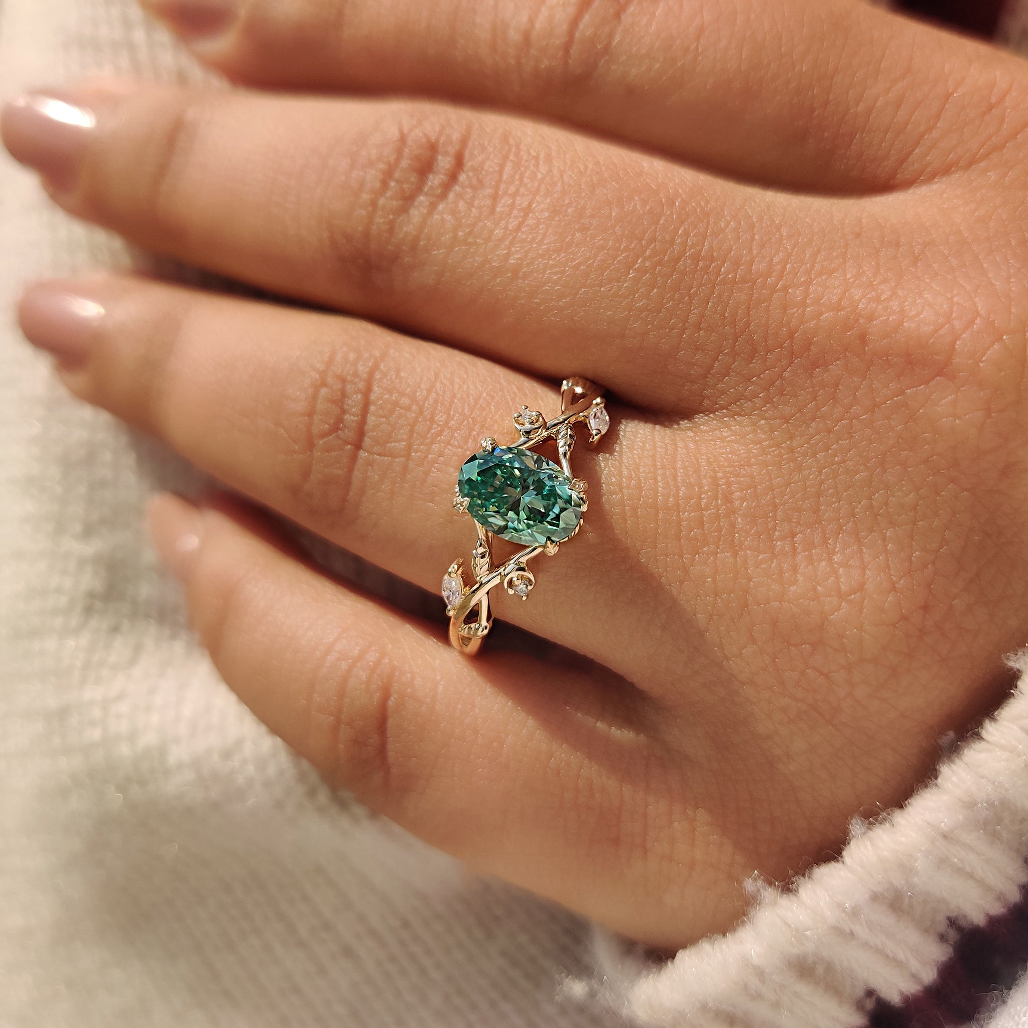 Nature Inspired Green Oval Cut Moissanite Ring