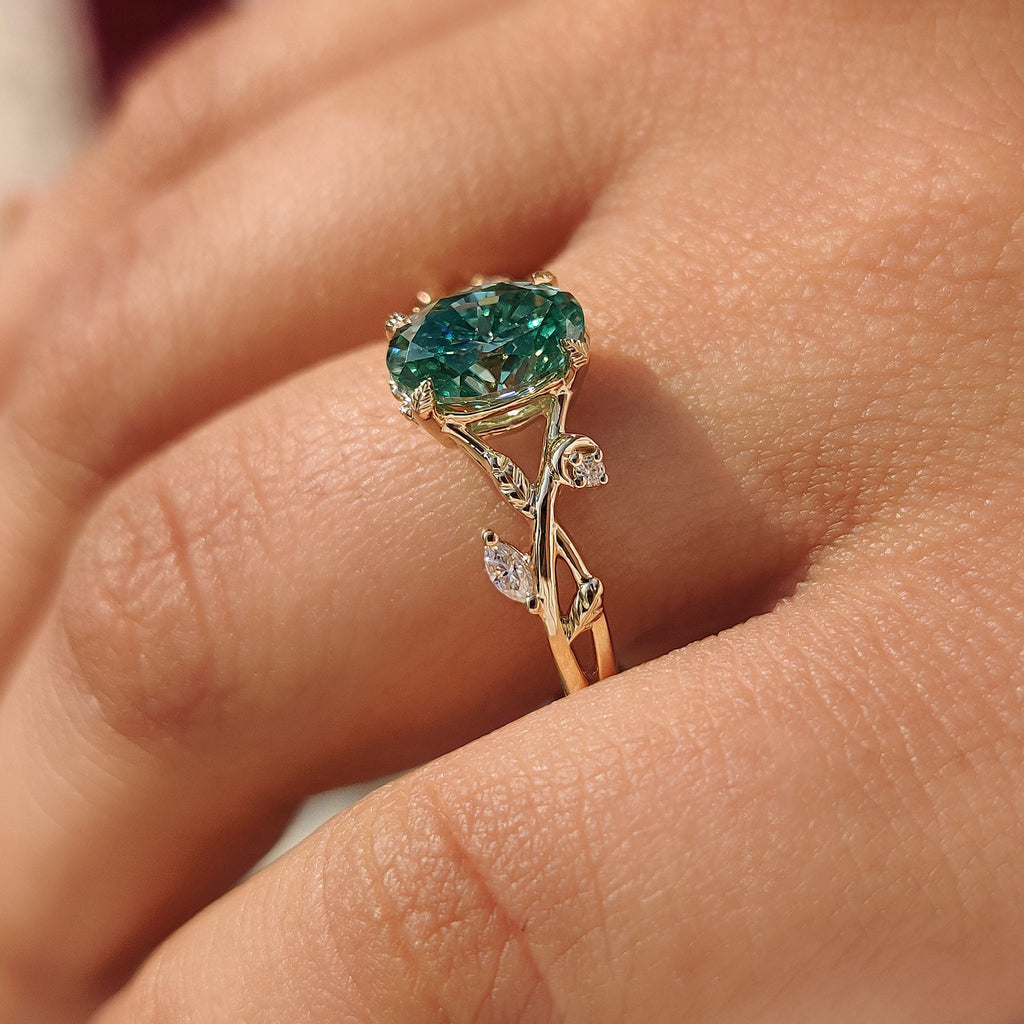Nature Inspired Green Oval Cut Moissanite Ring