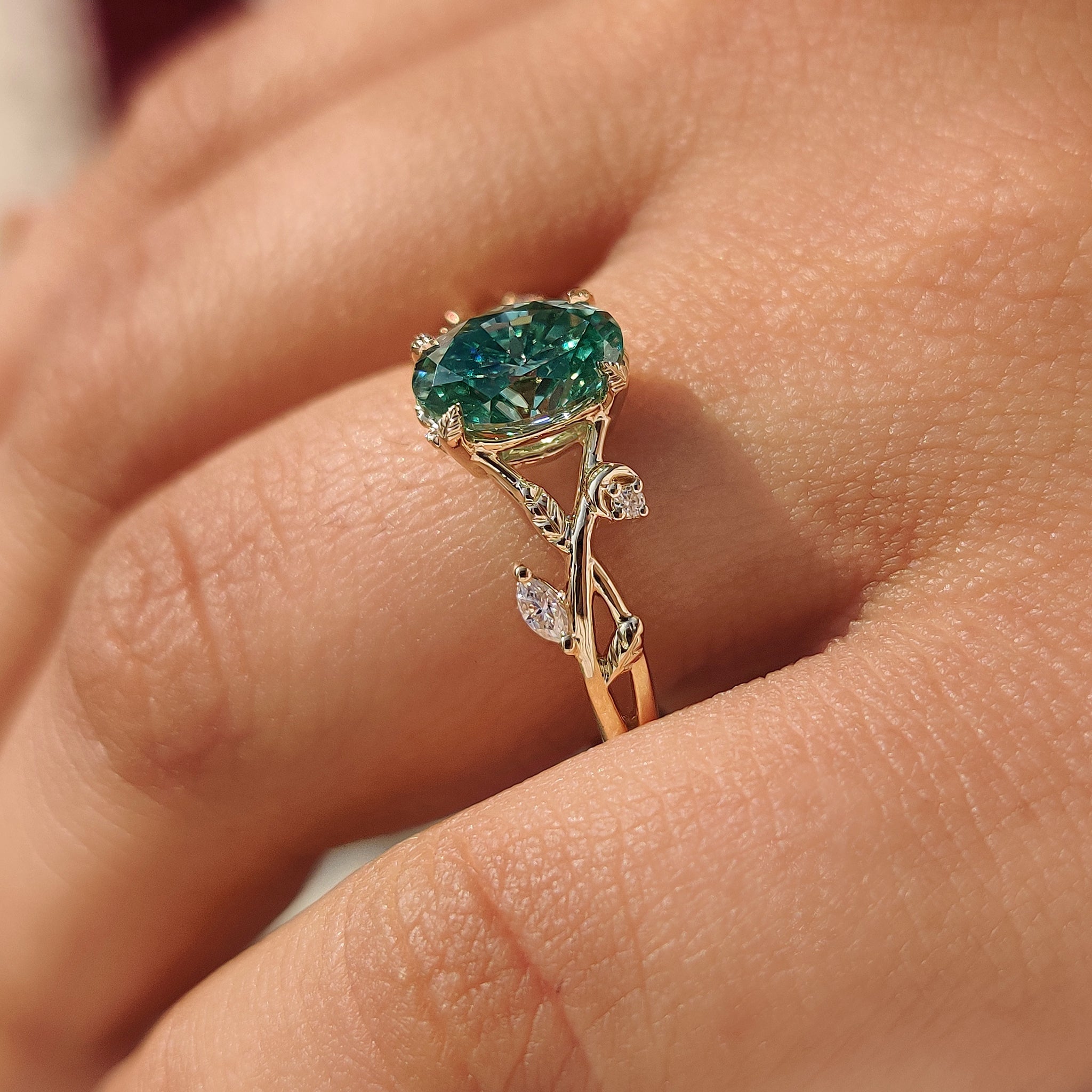 Nature Inspired Green Oval Cut Moissanite Ring