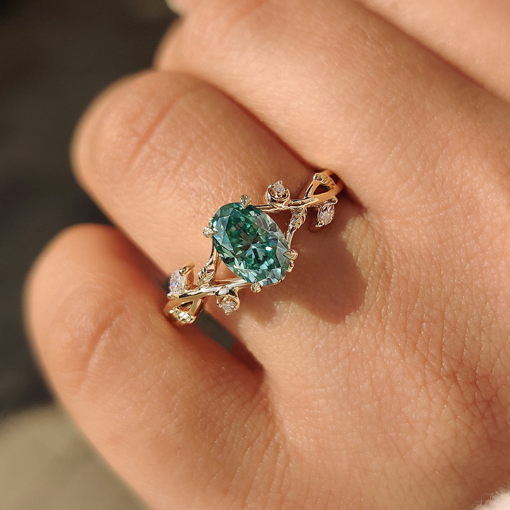Nature Inspired Green Oval Cut Moissanite Ring