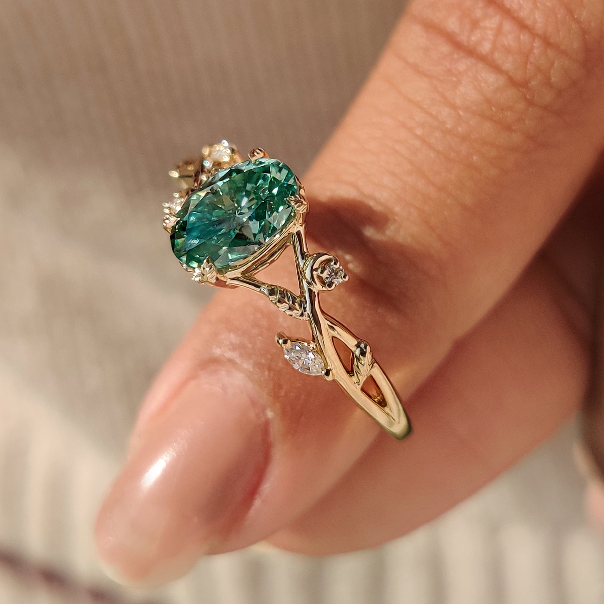 Nature Inspired Green Oval Cut Moissanite Ring
