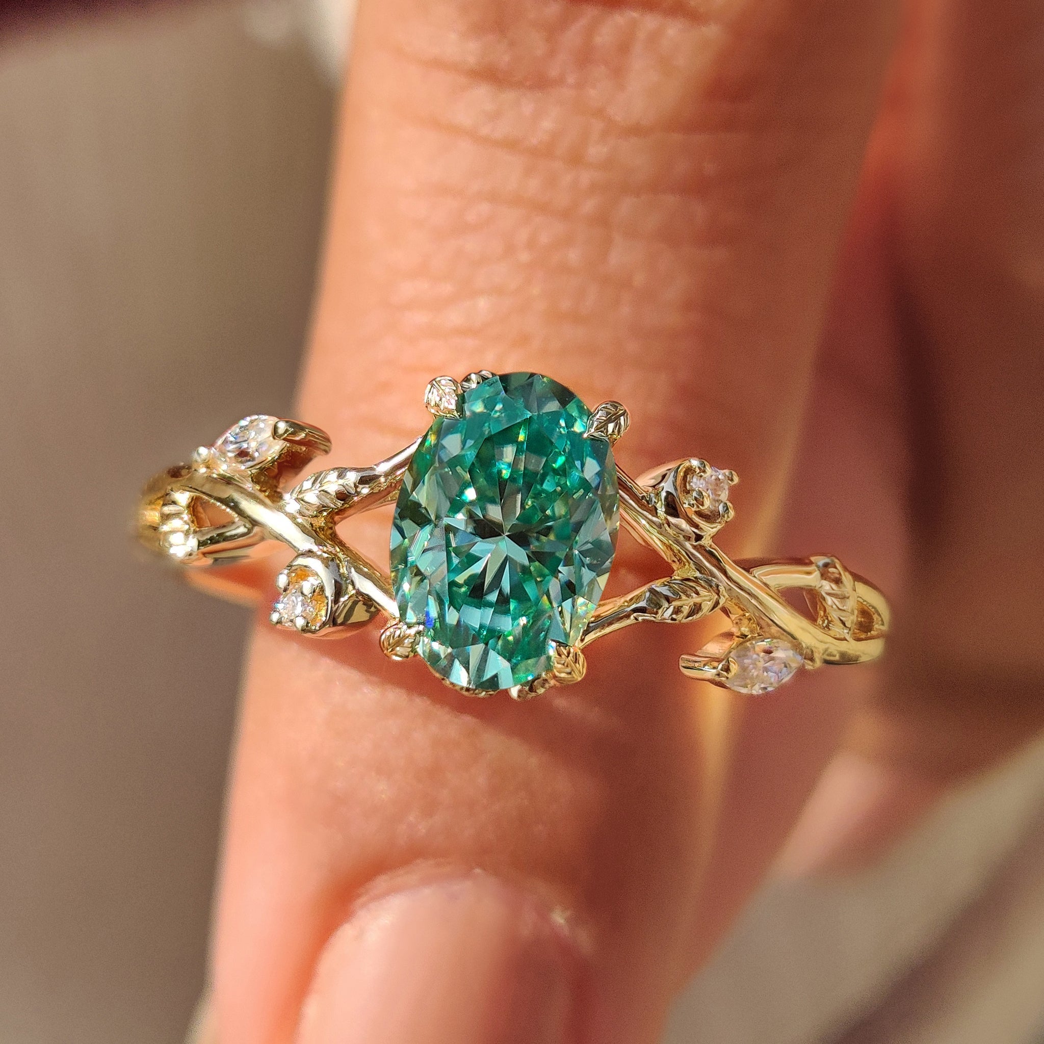 Nature Inspired Green Oval Cut Moissanite Ring Main image