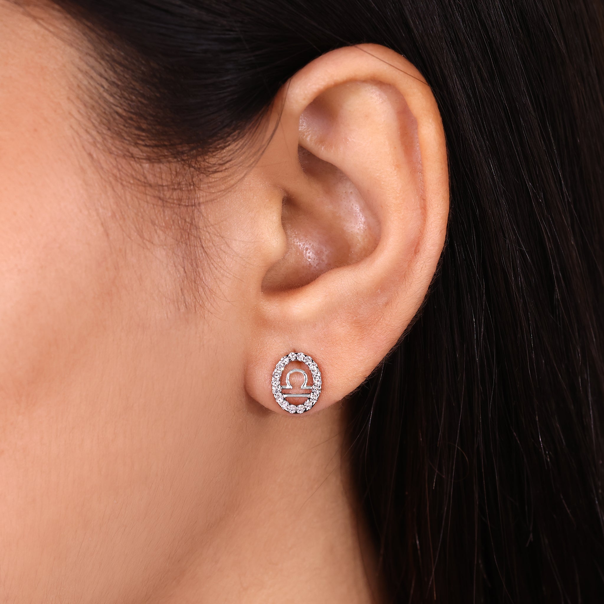 Libra Earrings with Round Diamond Halo Zodiac Style