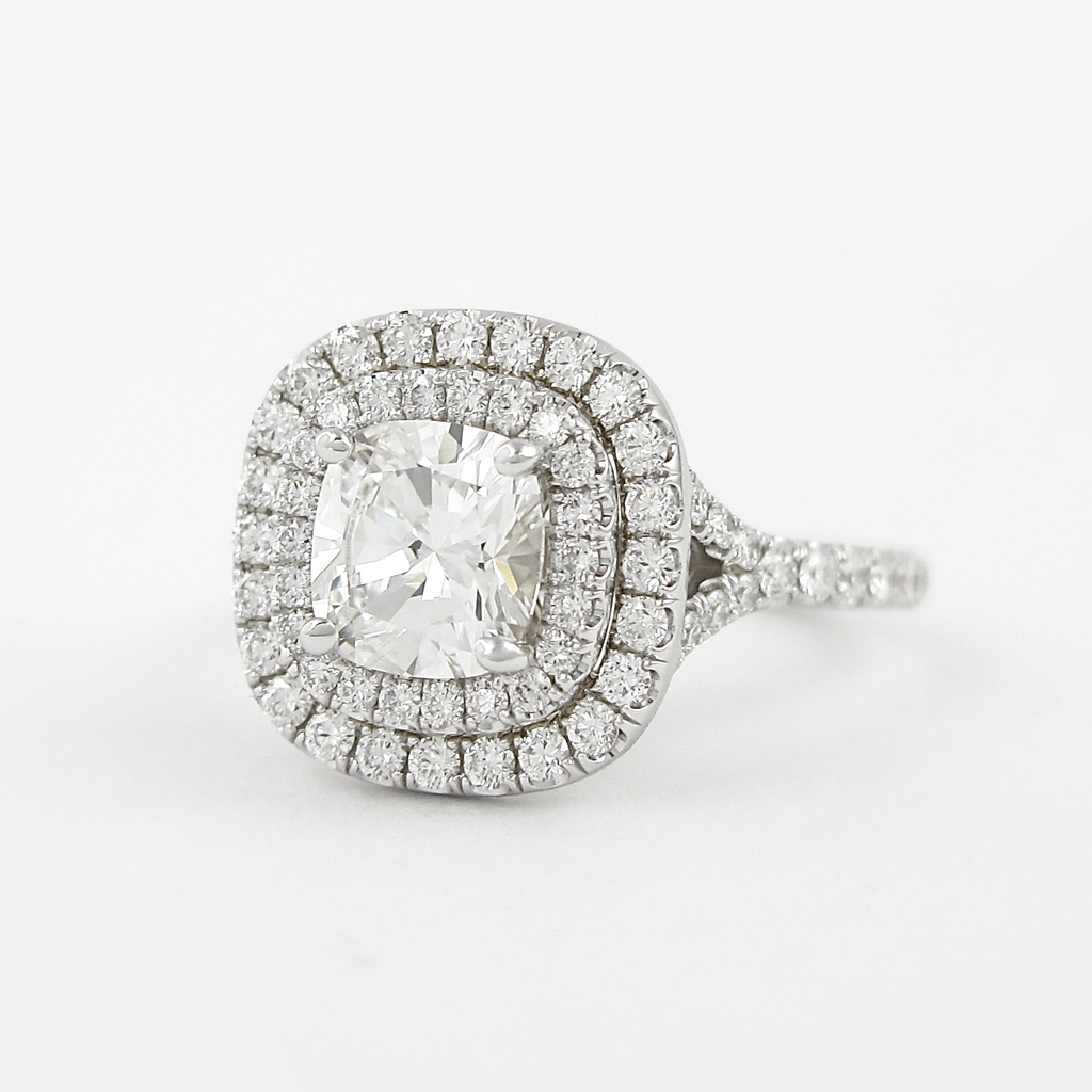 0.95 CT Cushion Cut Double Halo Moissanite Engagement Ring