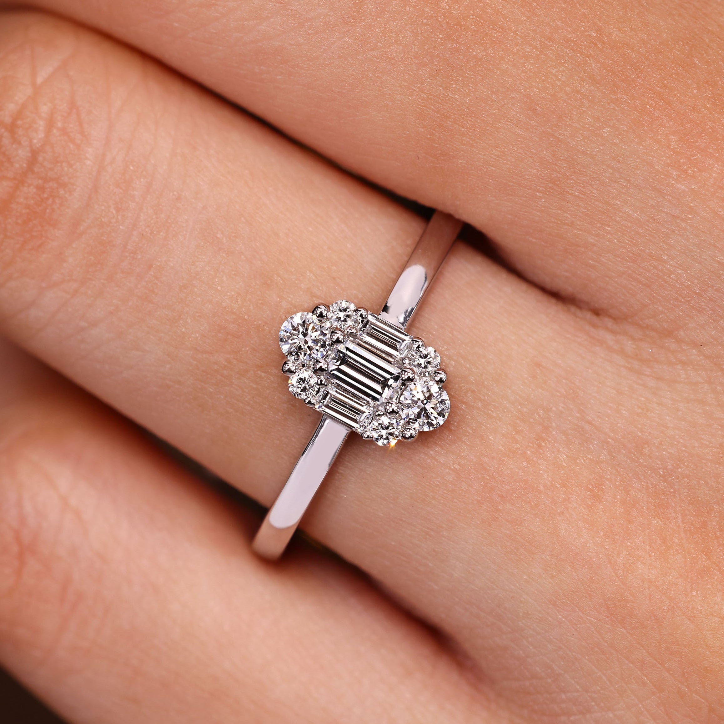 Baguette And Round Diamond Cluster Halo Engagement Ring Main image