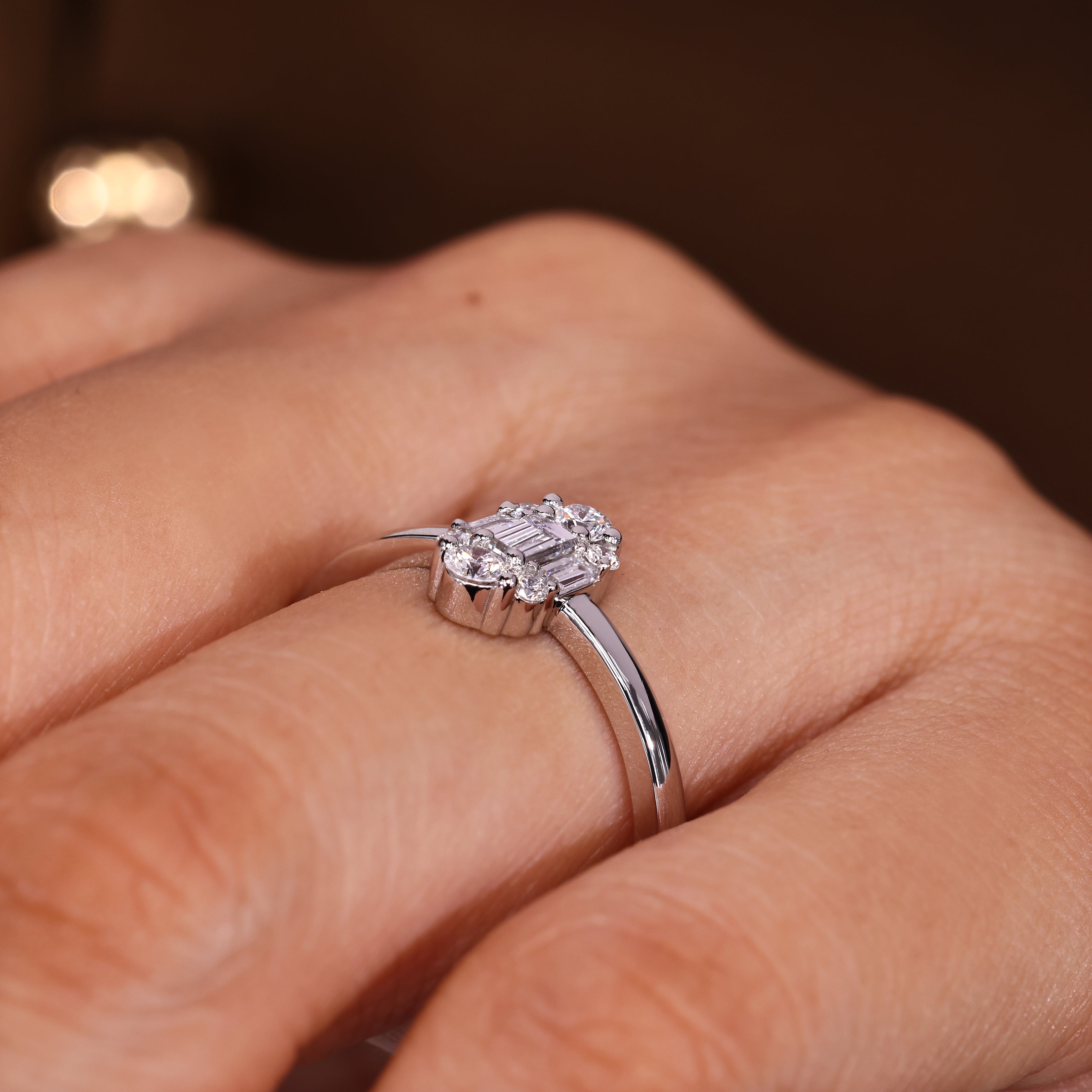 Baguette And Round Diamond Cluster Halo Engagement Ring