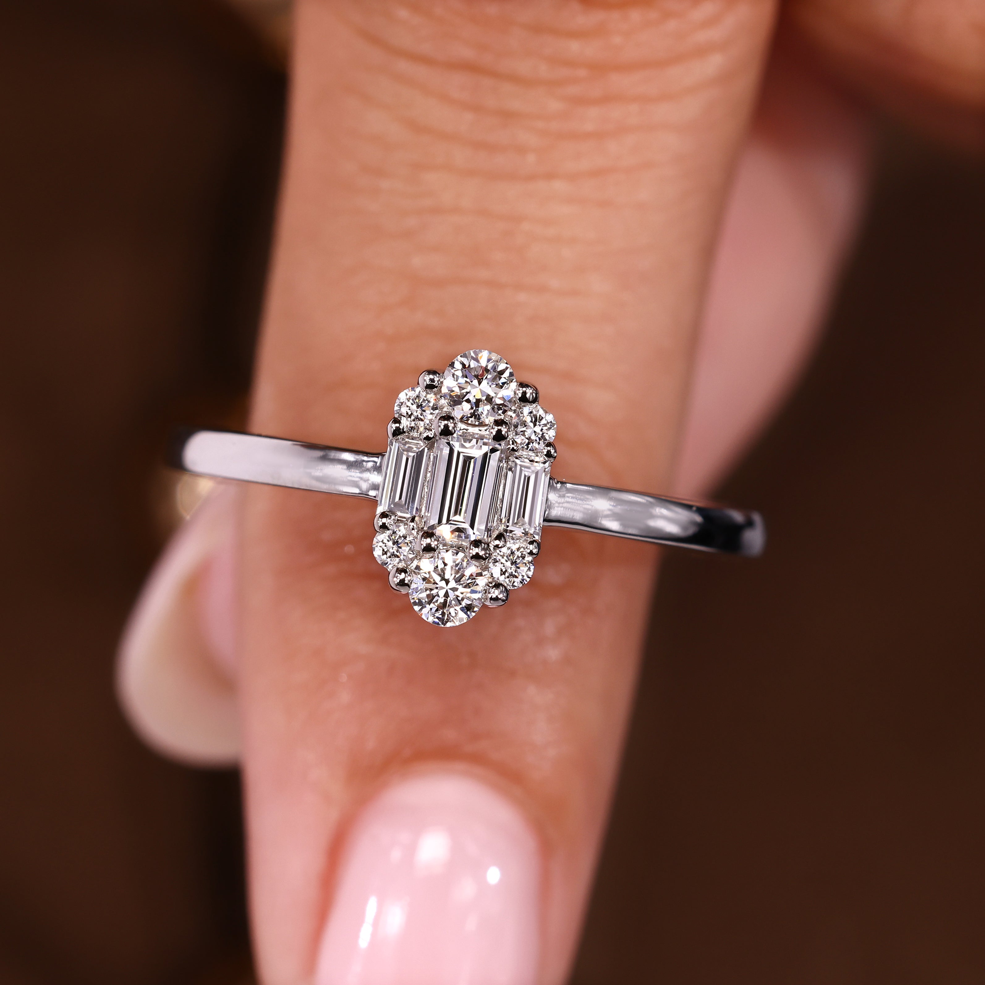 Baguette And Round Diamond Cluster Halo Engagement Ring